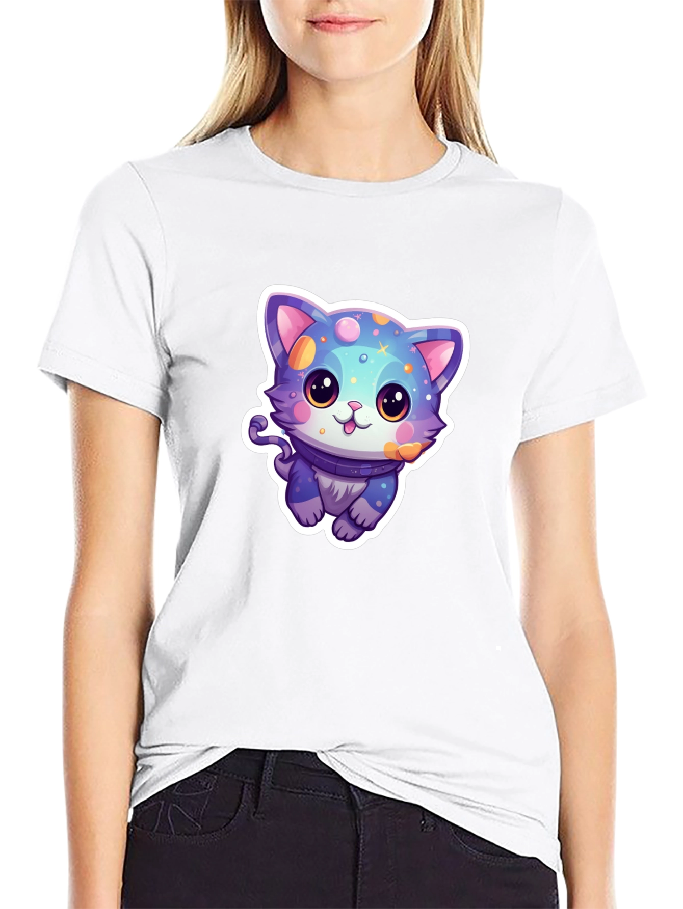 Camiseta Negra con Diseño de Gato Cósmico