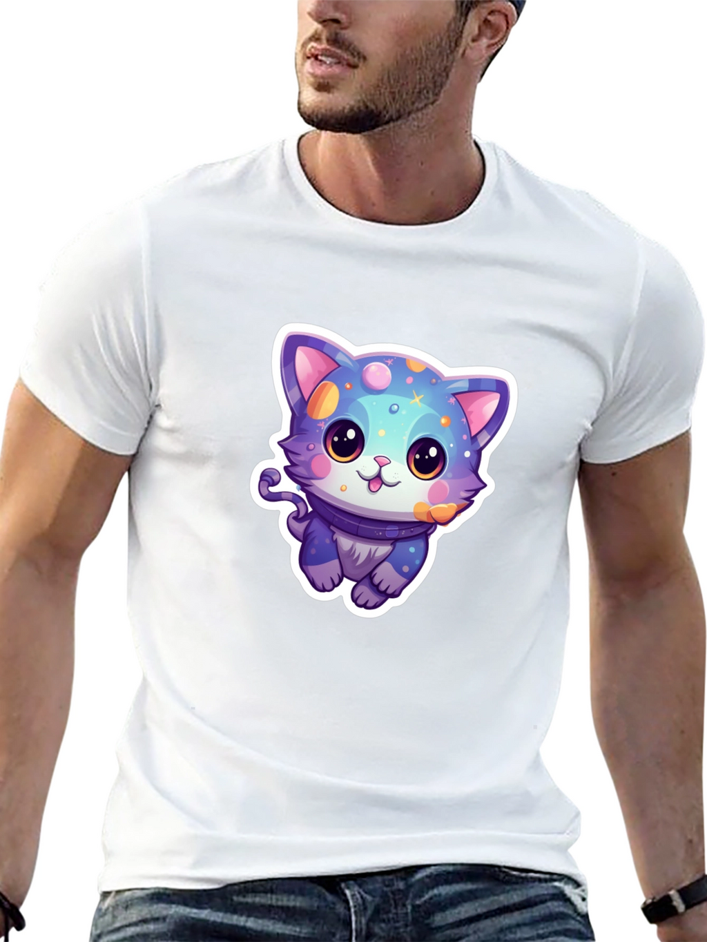 Camiseta Negra con Diseño de Gato Cósmico