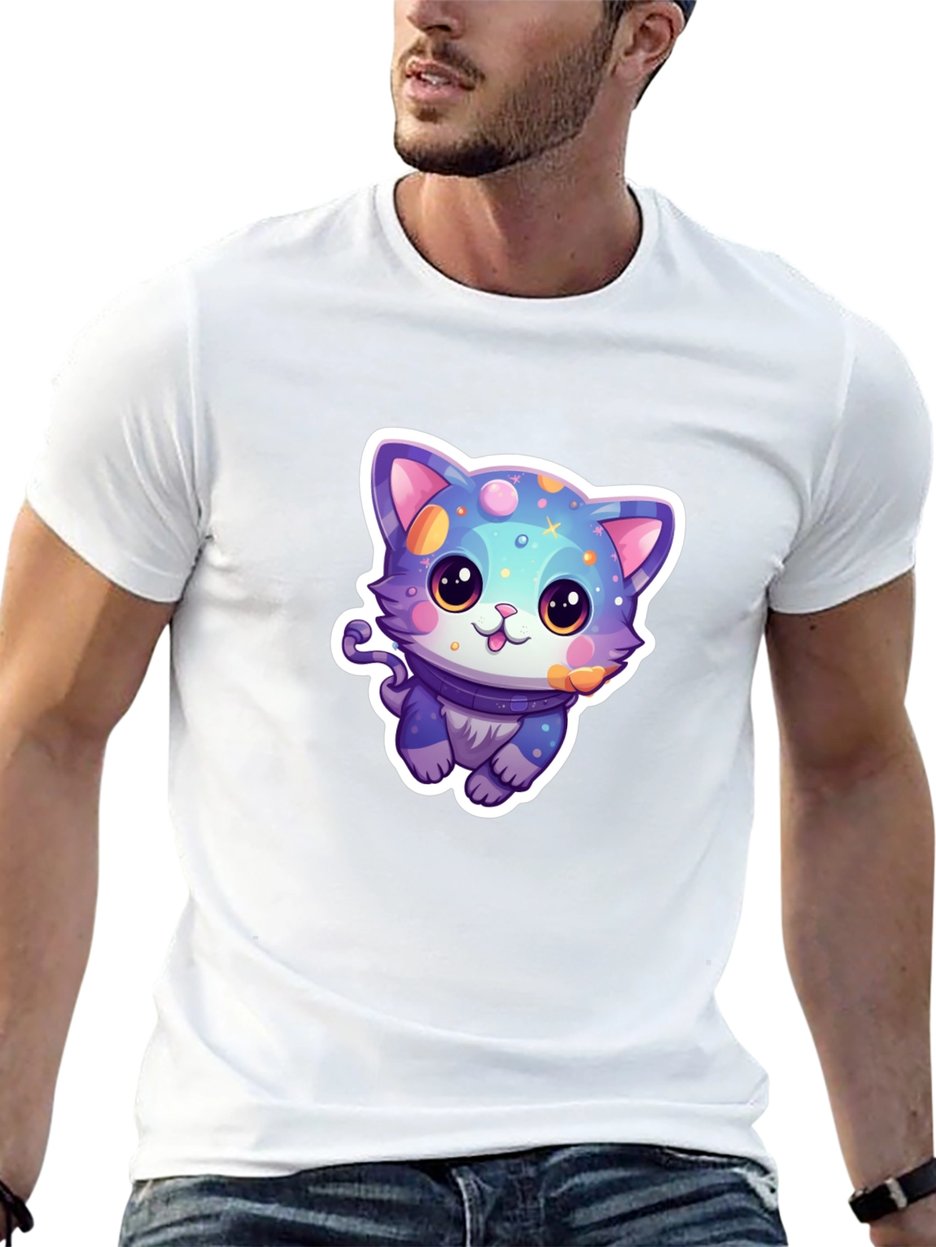 Camiseta Negra con Diseño de Gato Cósmico