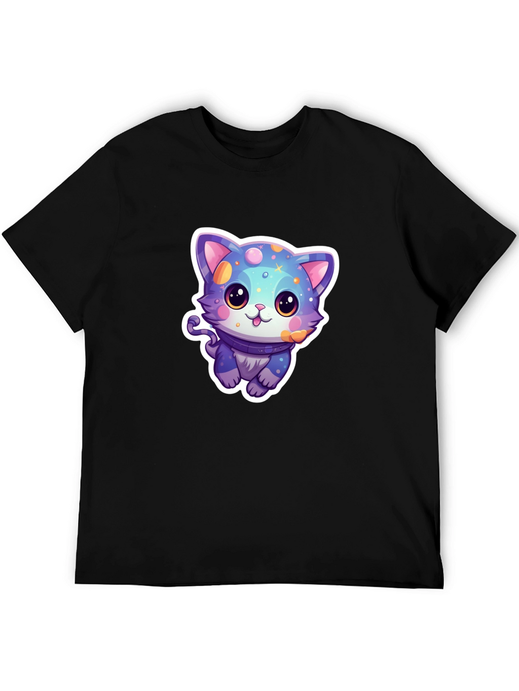 Camiseta Negra con Diseño de Gato Cósmico