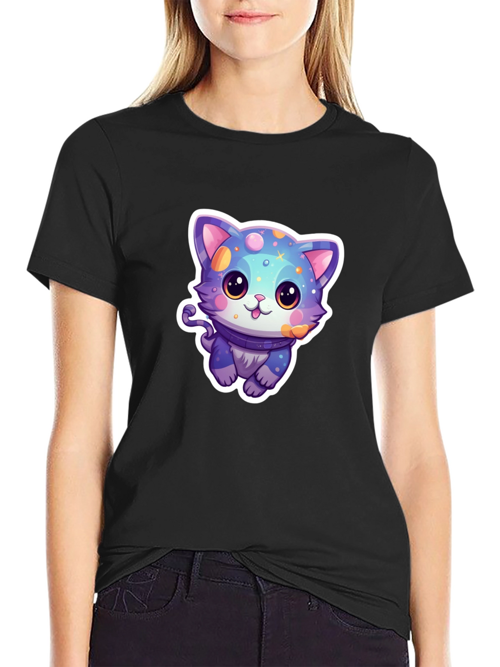 Camiseta Negra con Diseño de Gato Cósmico