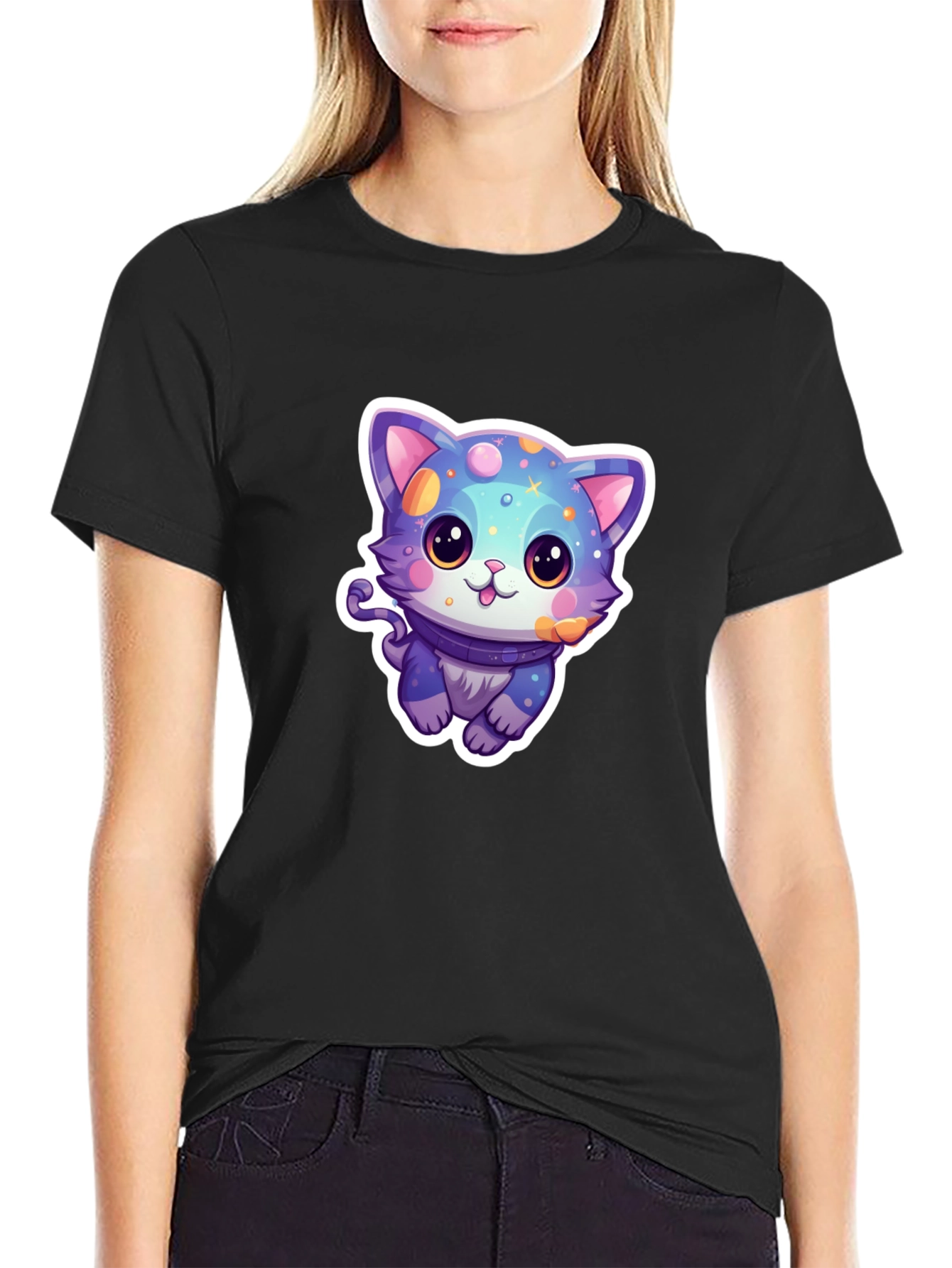 Camiseta Negra con Diseño de Gato Cósmico