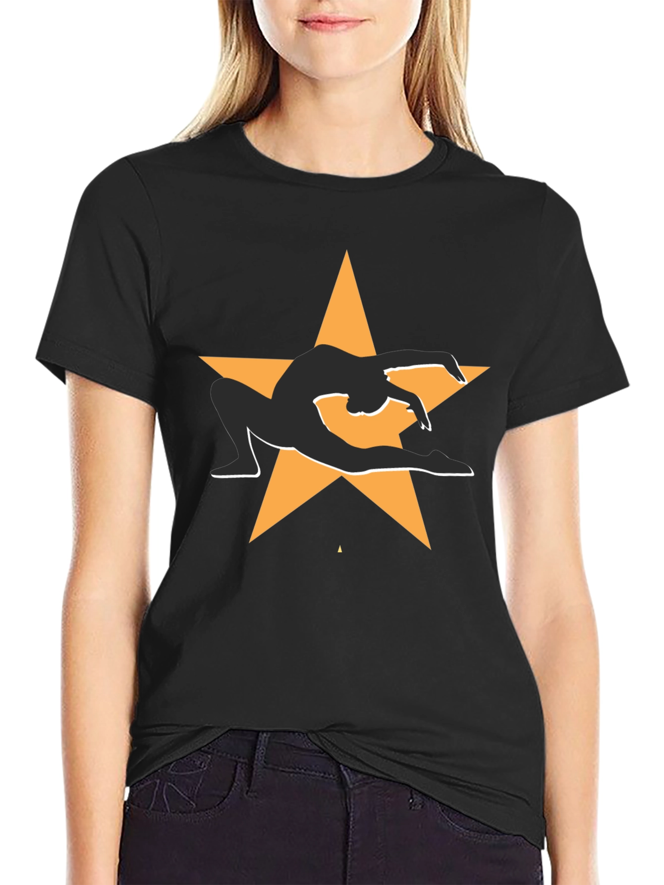 Camiseta Negra con Diseño de Estrella y Gimnasta