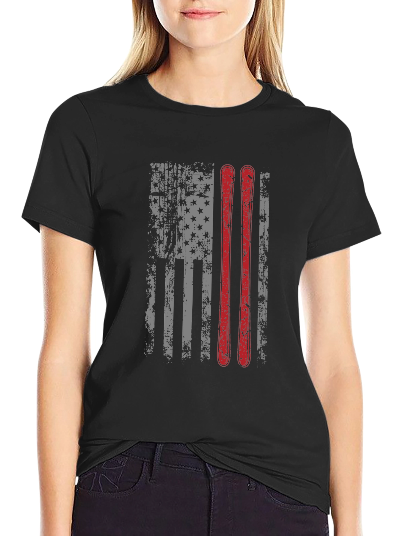 Camiseta Negra con Diseño de Bandera Americana y Esquíes