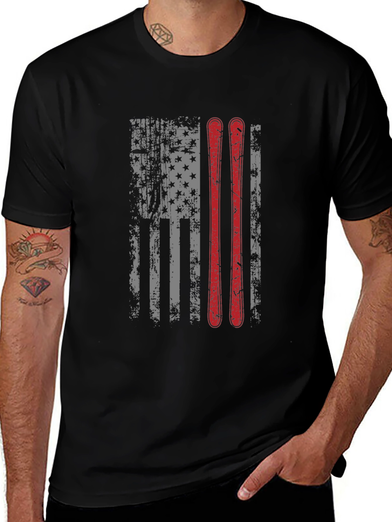 Camiseta Negra con Diseño de Bandera Americana y Esquíes