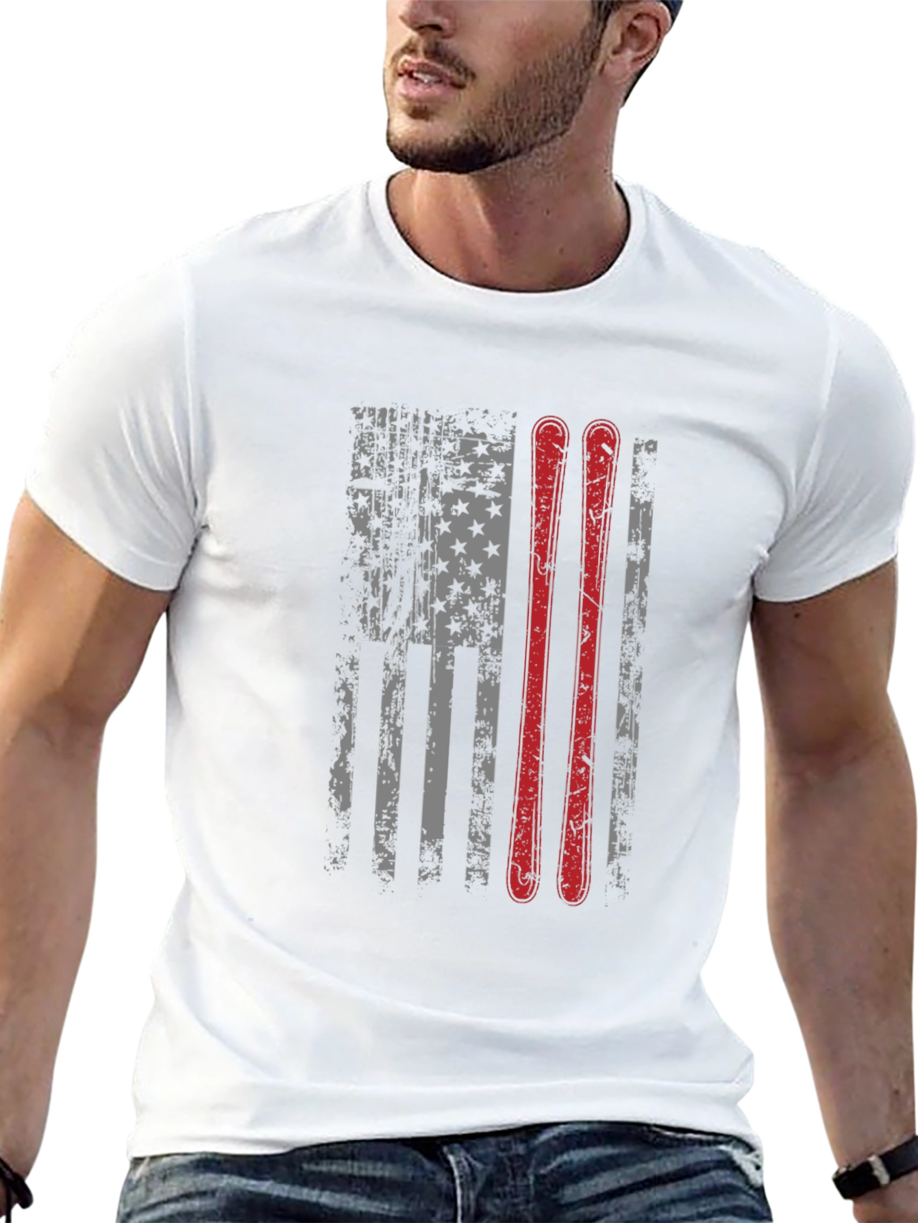 Camiseta Negra con Diseño de Bandera Americana y Esquíes