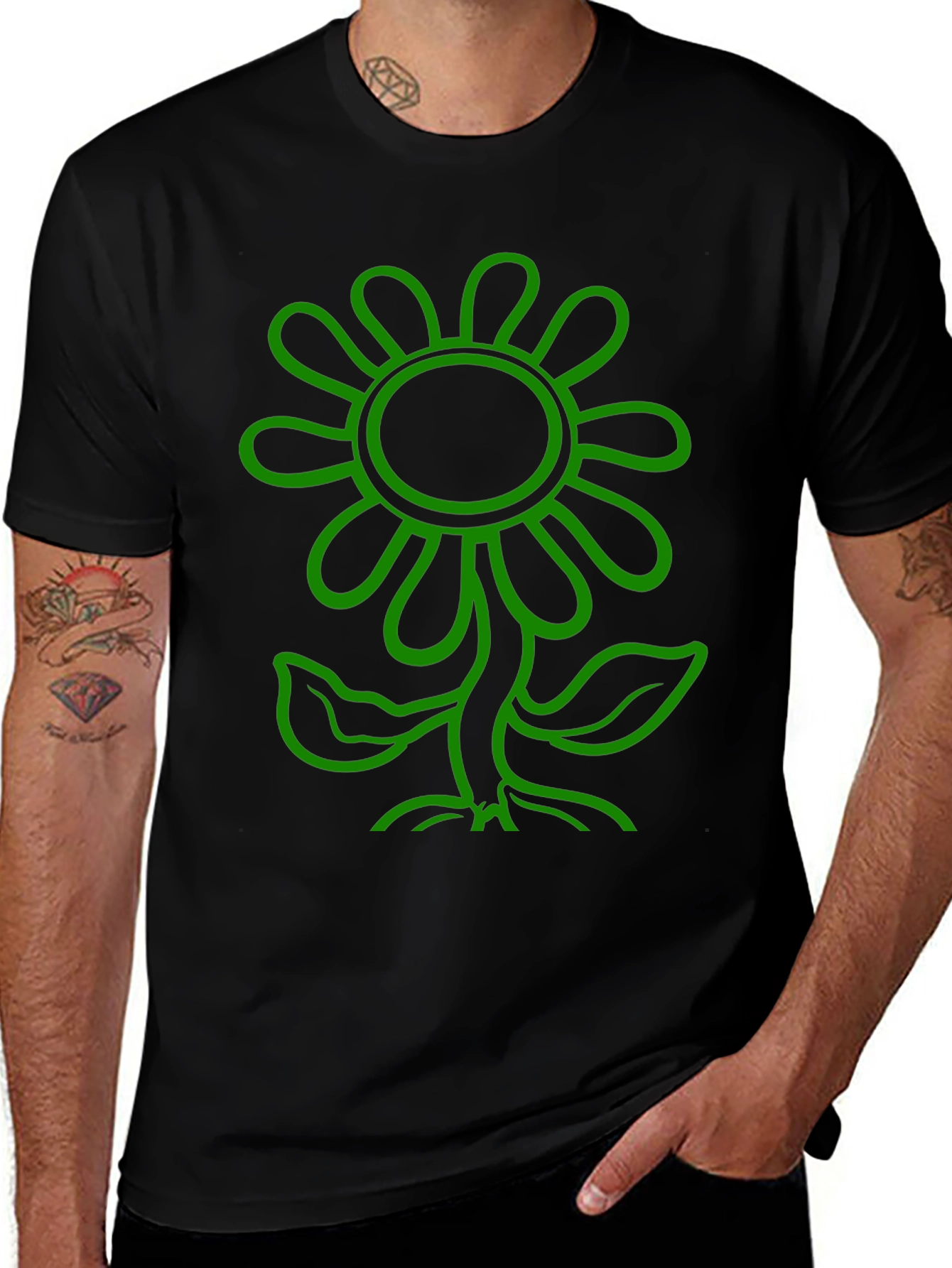 Camiseta Negra con Diseño de Flor Verde