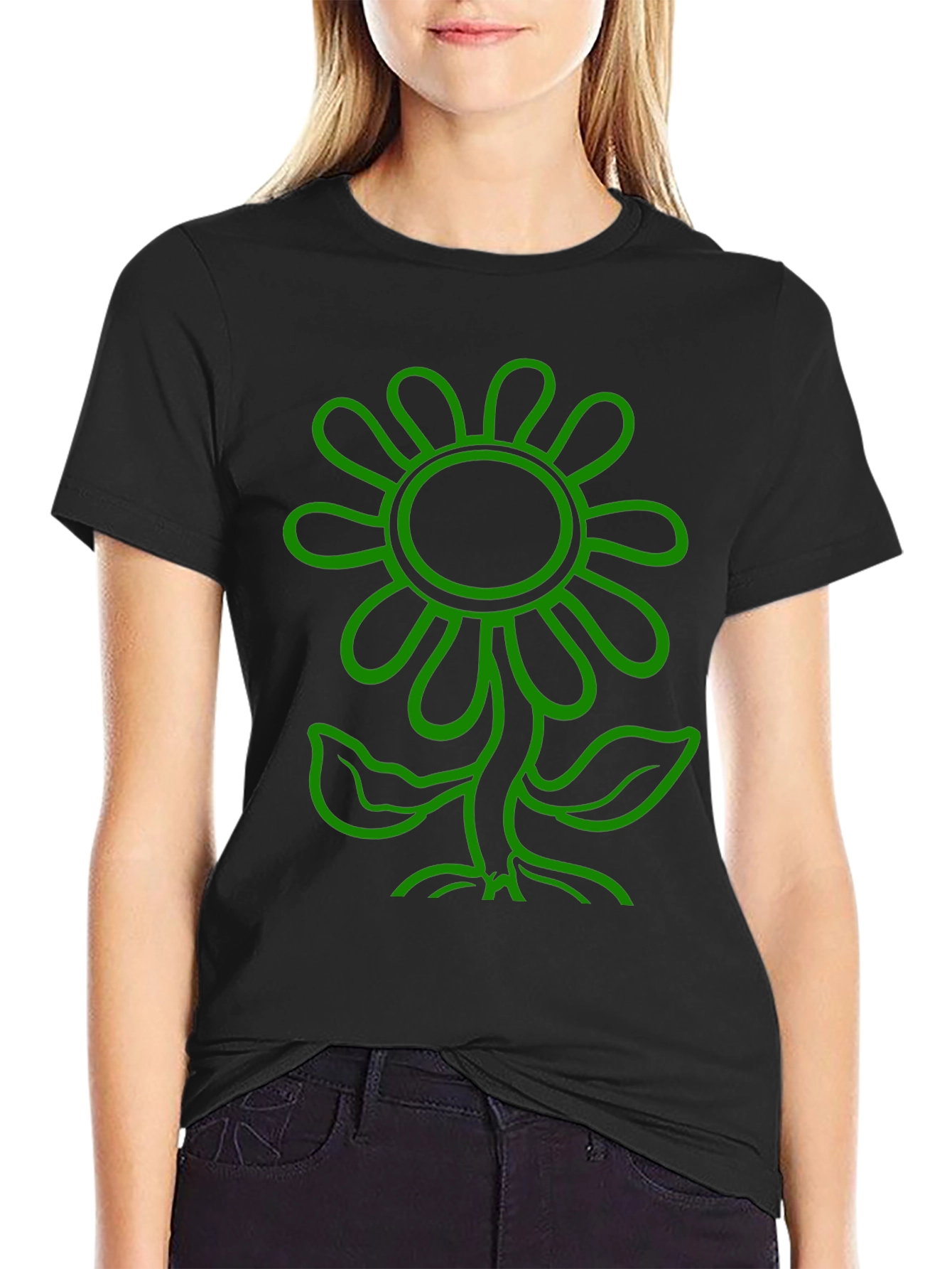 Camiseta Negra con Diseño de Flor Verde