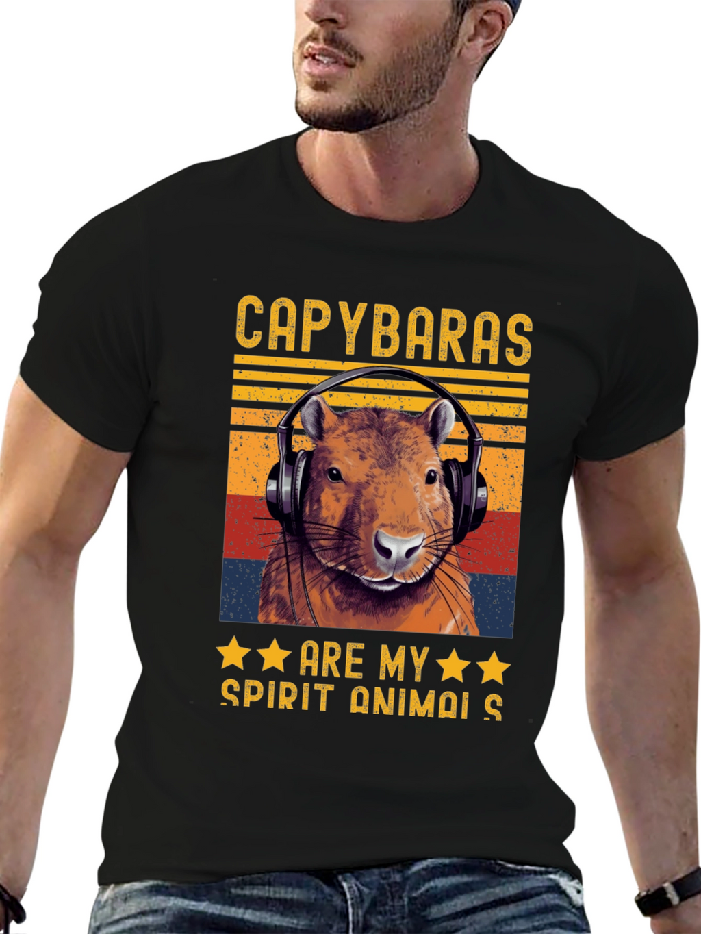 Camiseta Negra Capibara Spirit Animal Retro