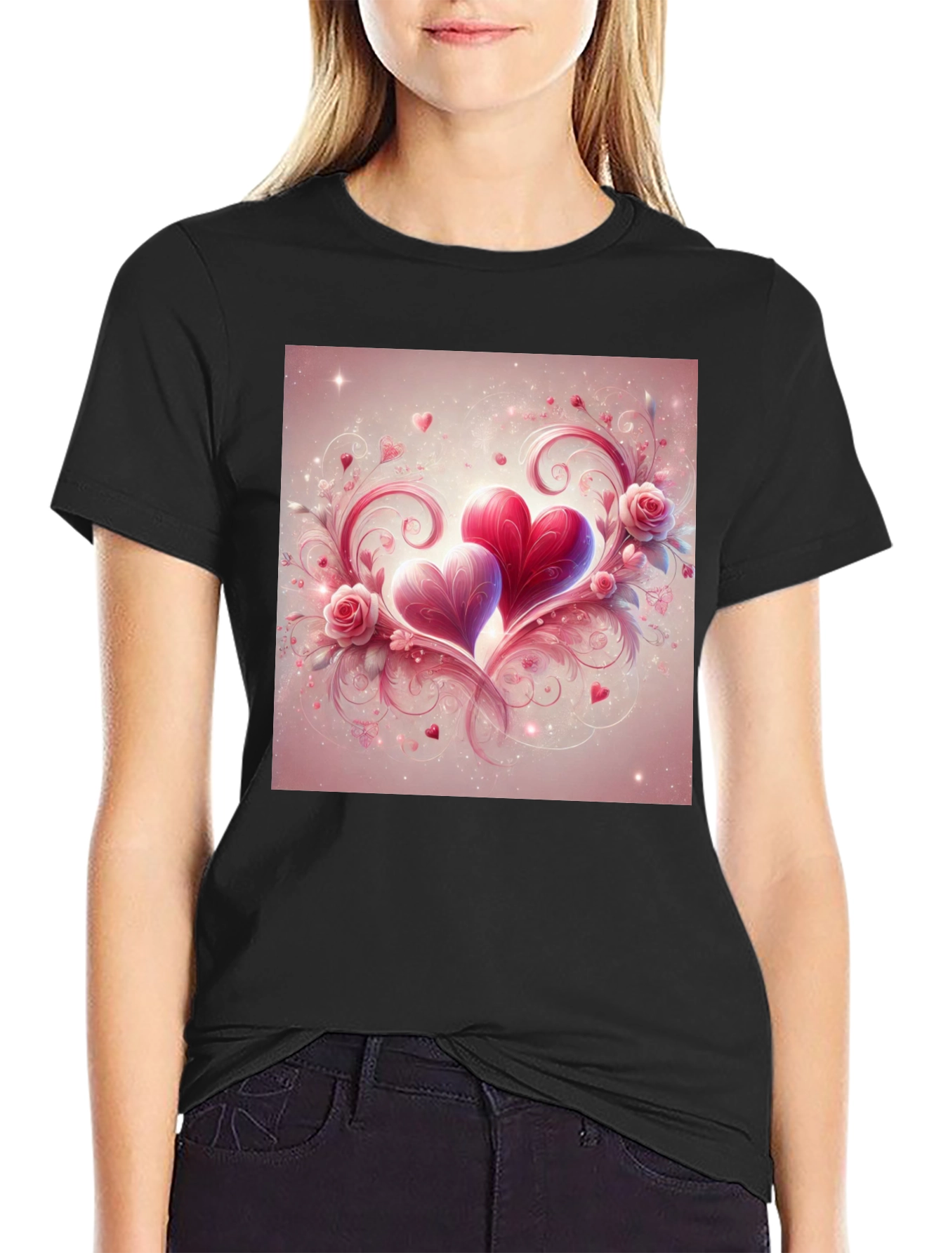 Camiseta Negra con Diseño de Corazones Románticos