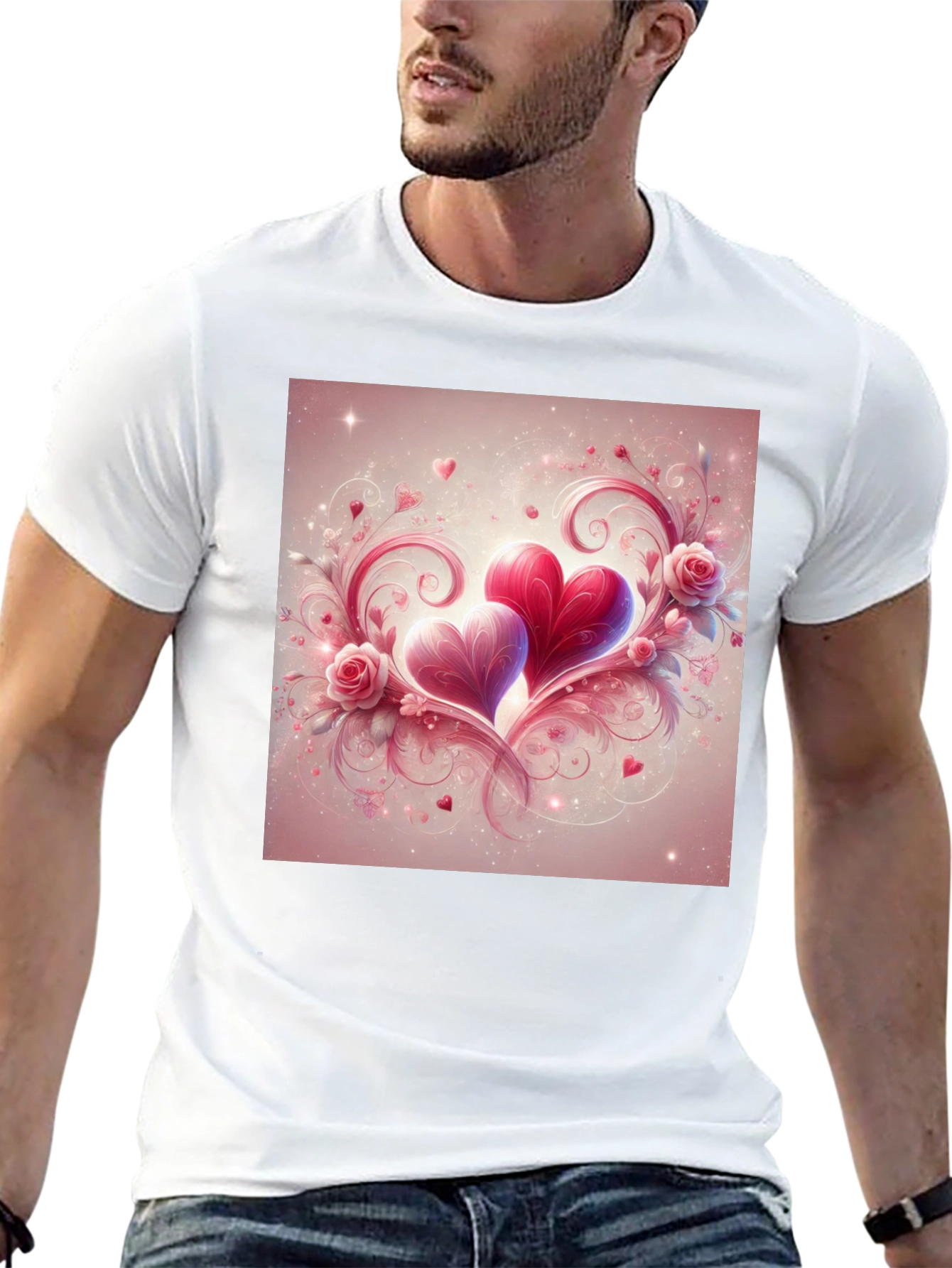 Camiseta Negra con Diseño de Corazones Románticos