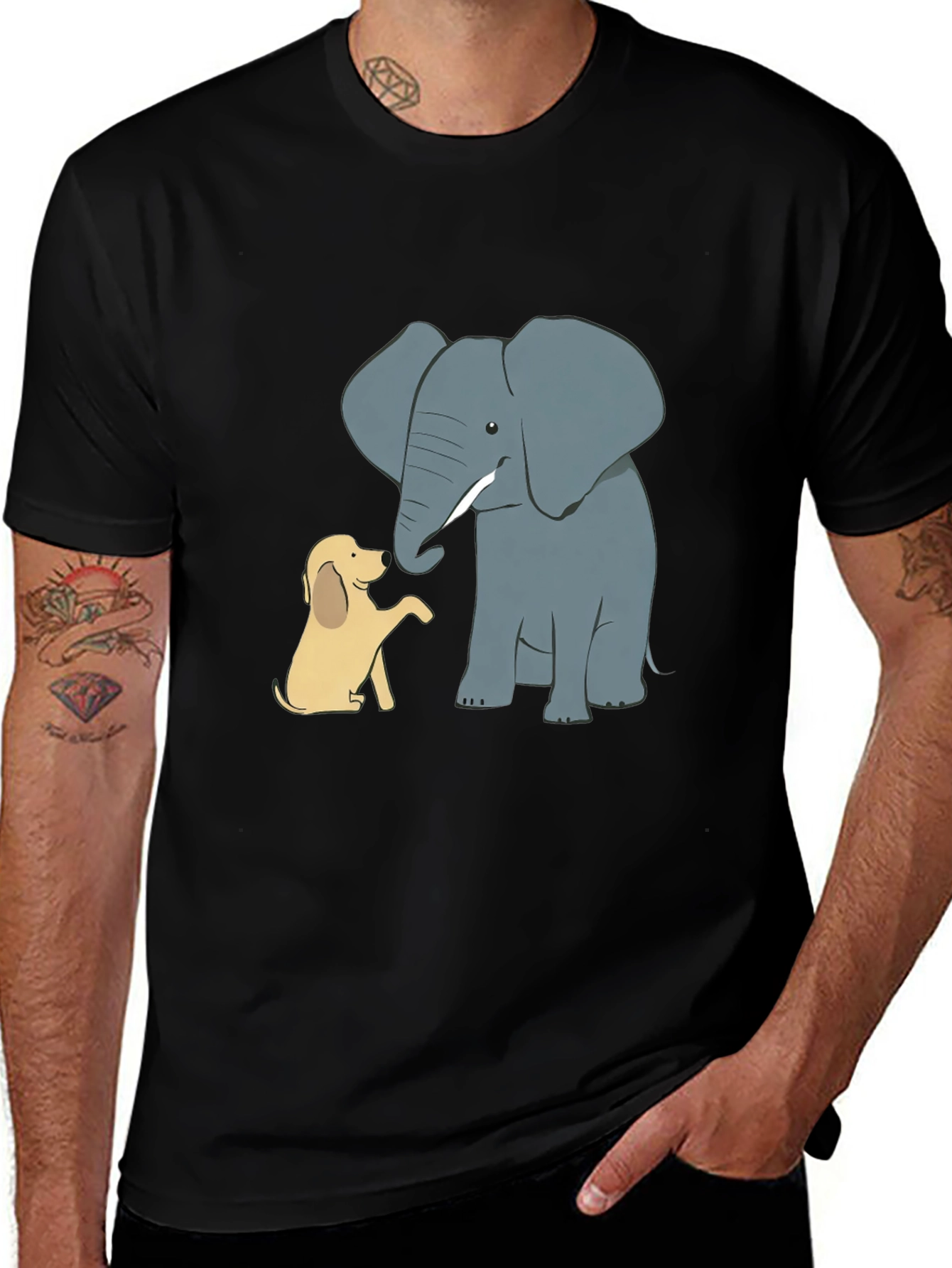 Camiseta Negra con Diseño de Elefante y Cachorro