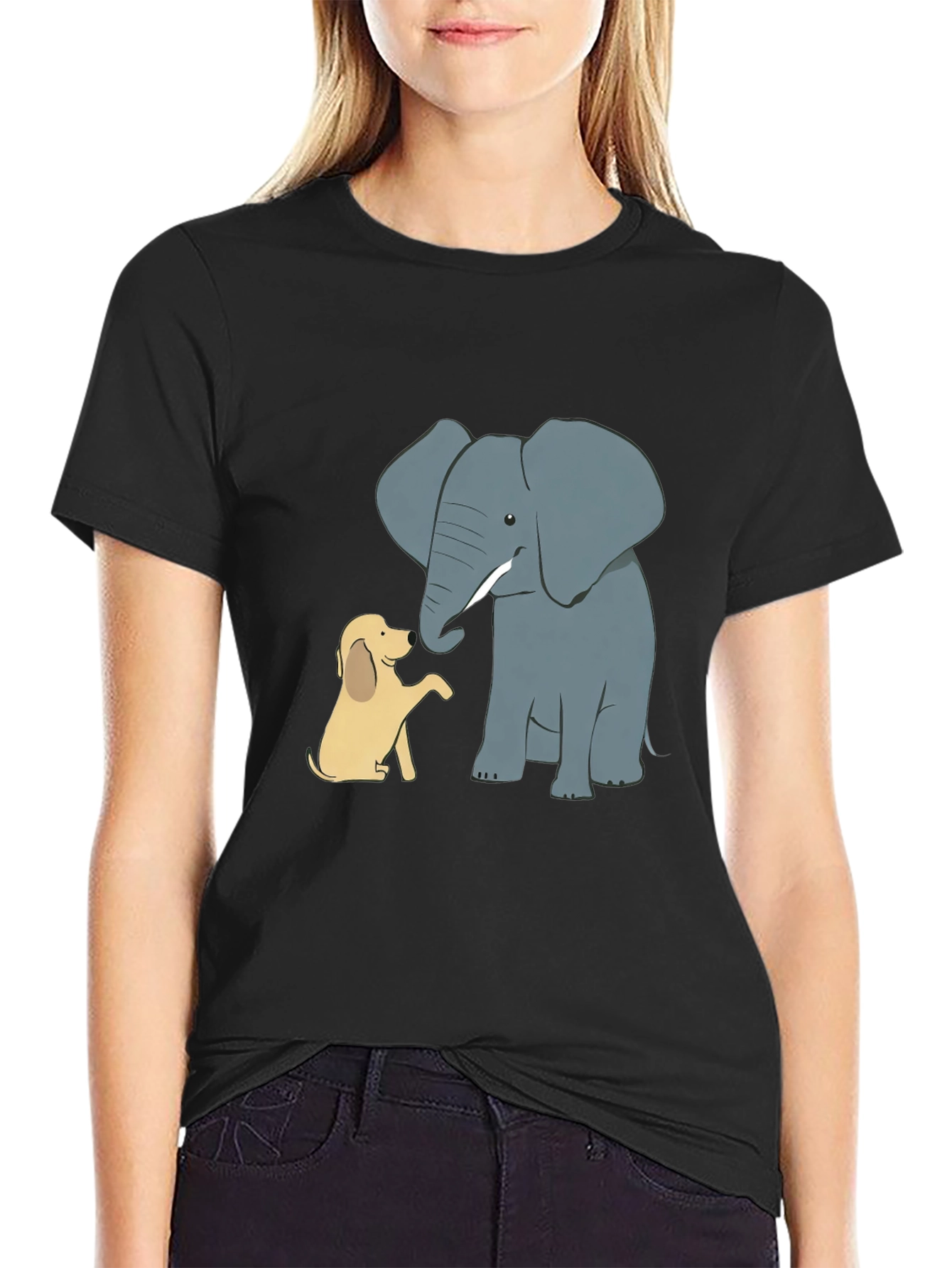 Camiseta Negra con Diseño de Elefante y Cachorro