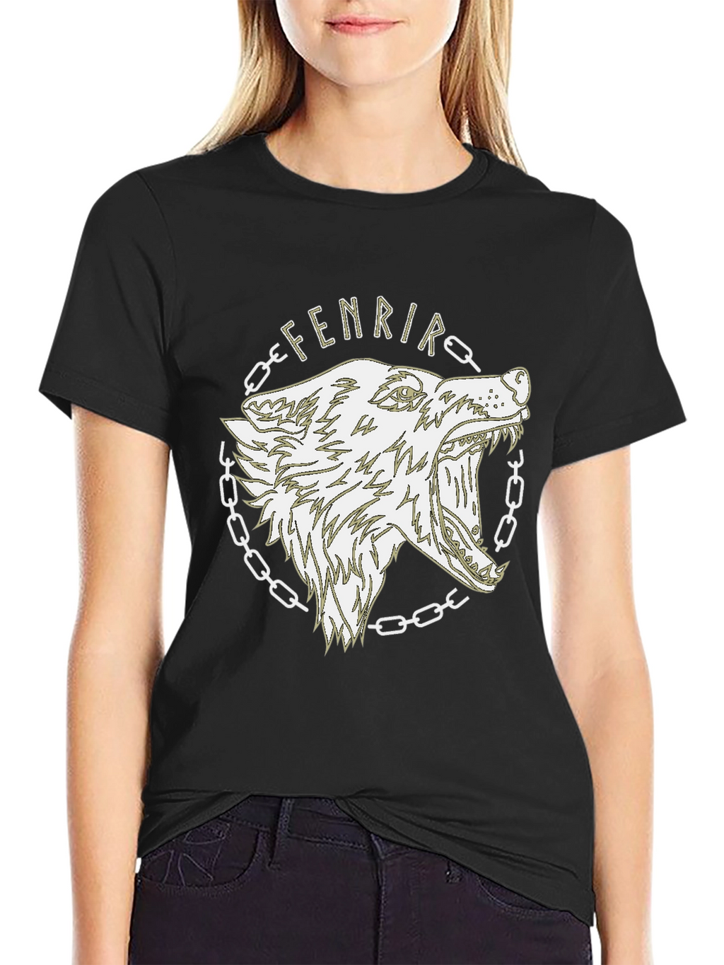 Camiseta Hombre Negra Diseño Lobo Fenrir Vikingo