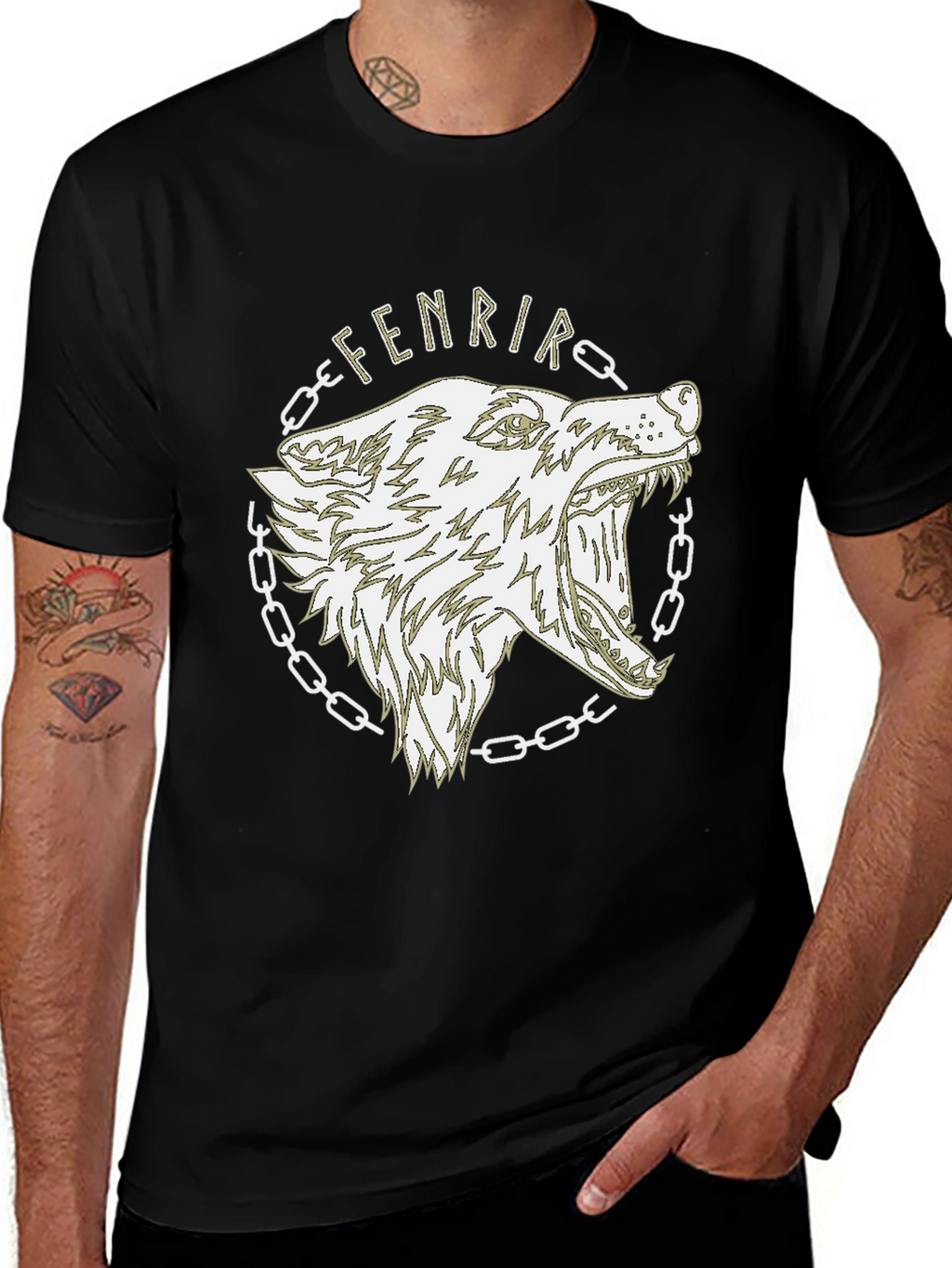 Camiseta Hombre Negra Diseño Lobo Fenrir Vikingo