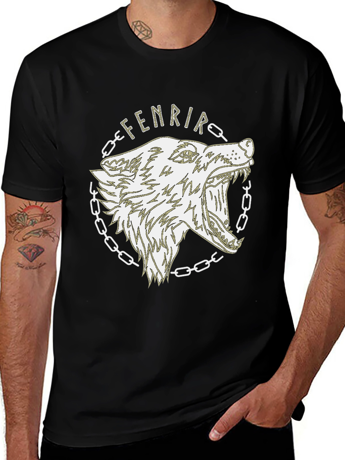 Camiseta Hombre Negra Diseño Lobo Fenrir Vikingo