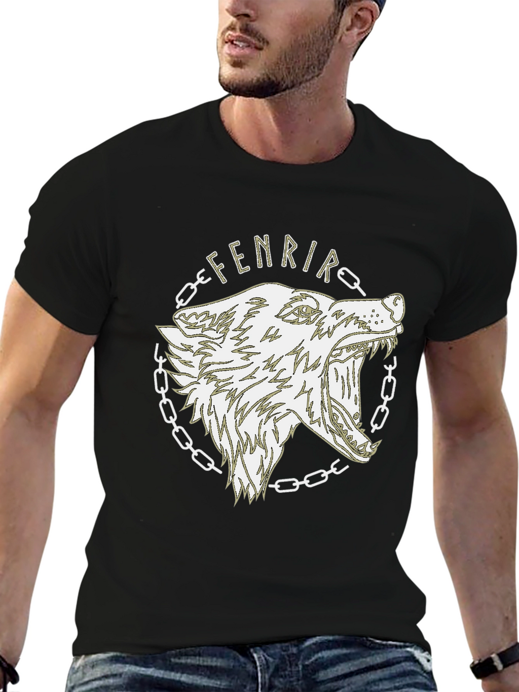 Camiseta Hombre Negra Diseño Lobo Fenrir Vikingo