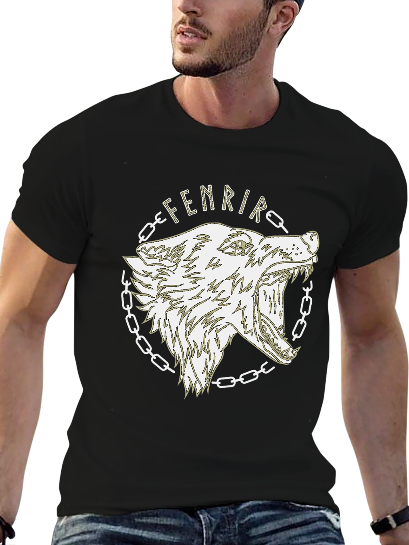 Camiseta Hombre Negra Diseño Lobo Fenrir Vikingo