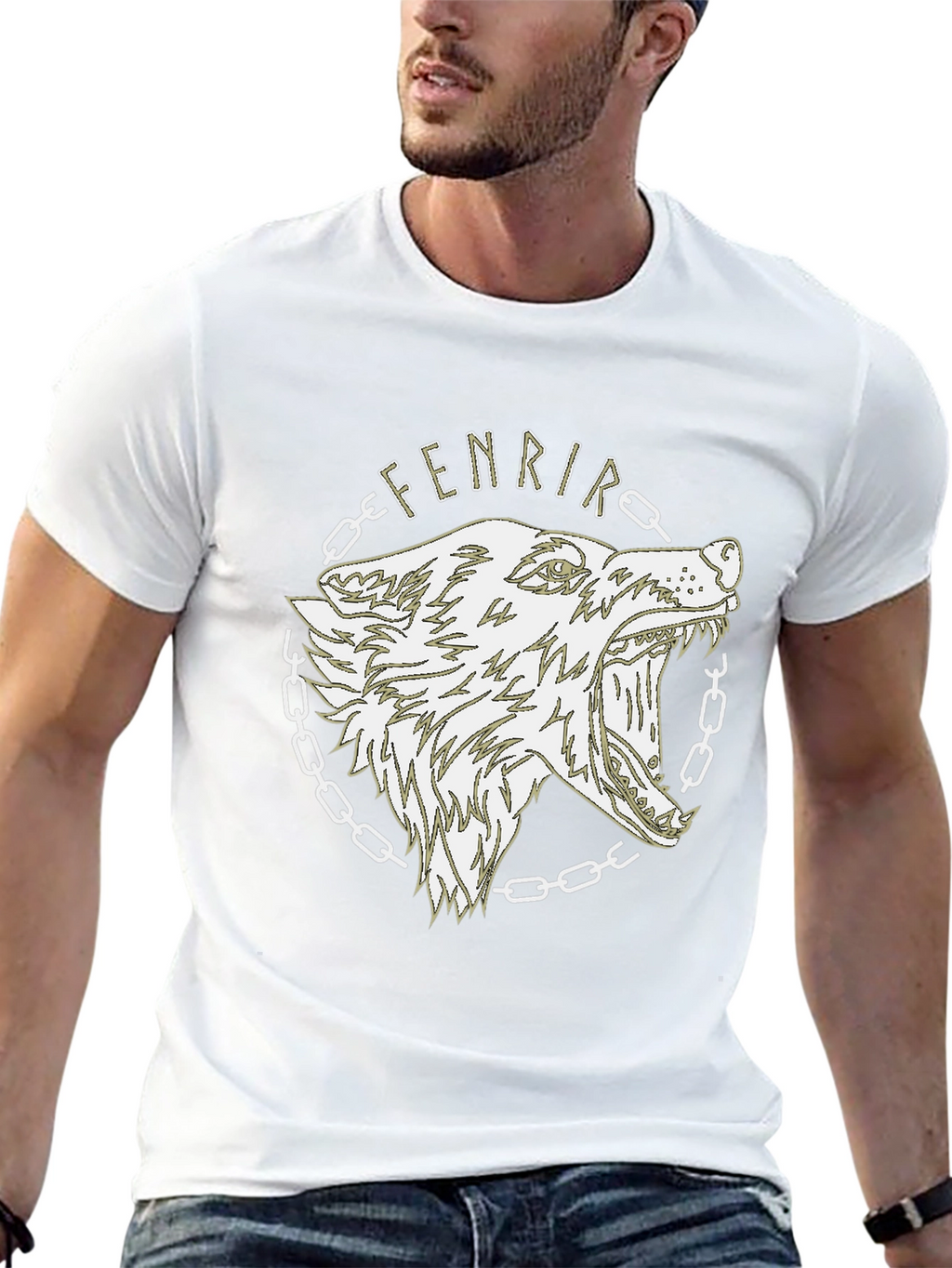 Camiseta Hombre Negra Diseño Lobo Fenrir Vikingo