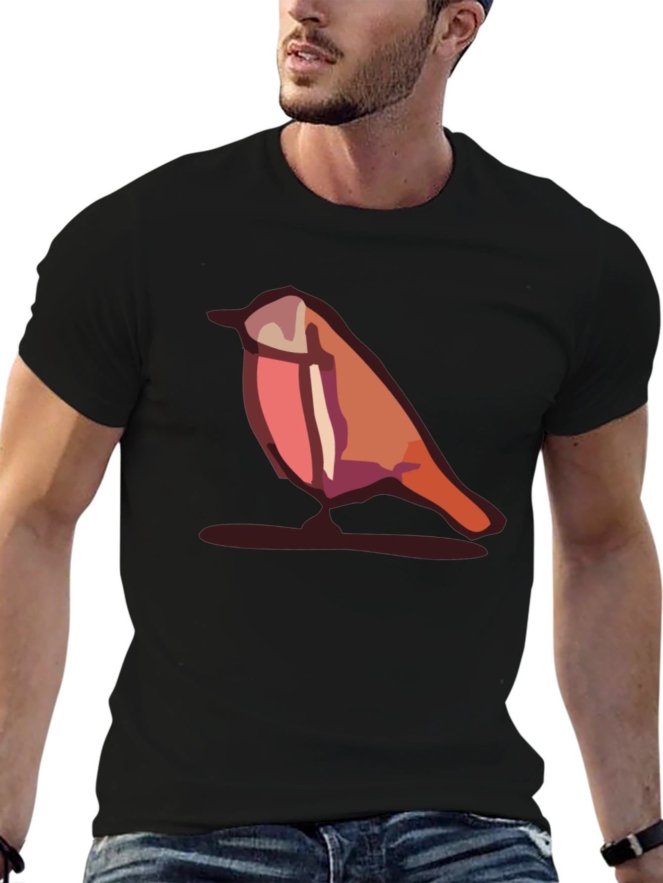 Camiseta Negra con Diseño de Pájaro Abstracto