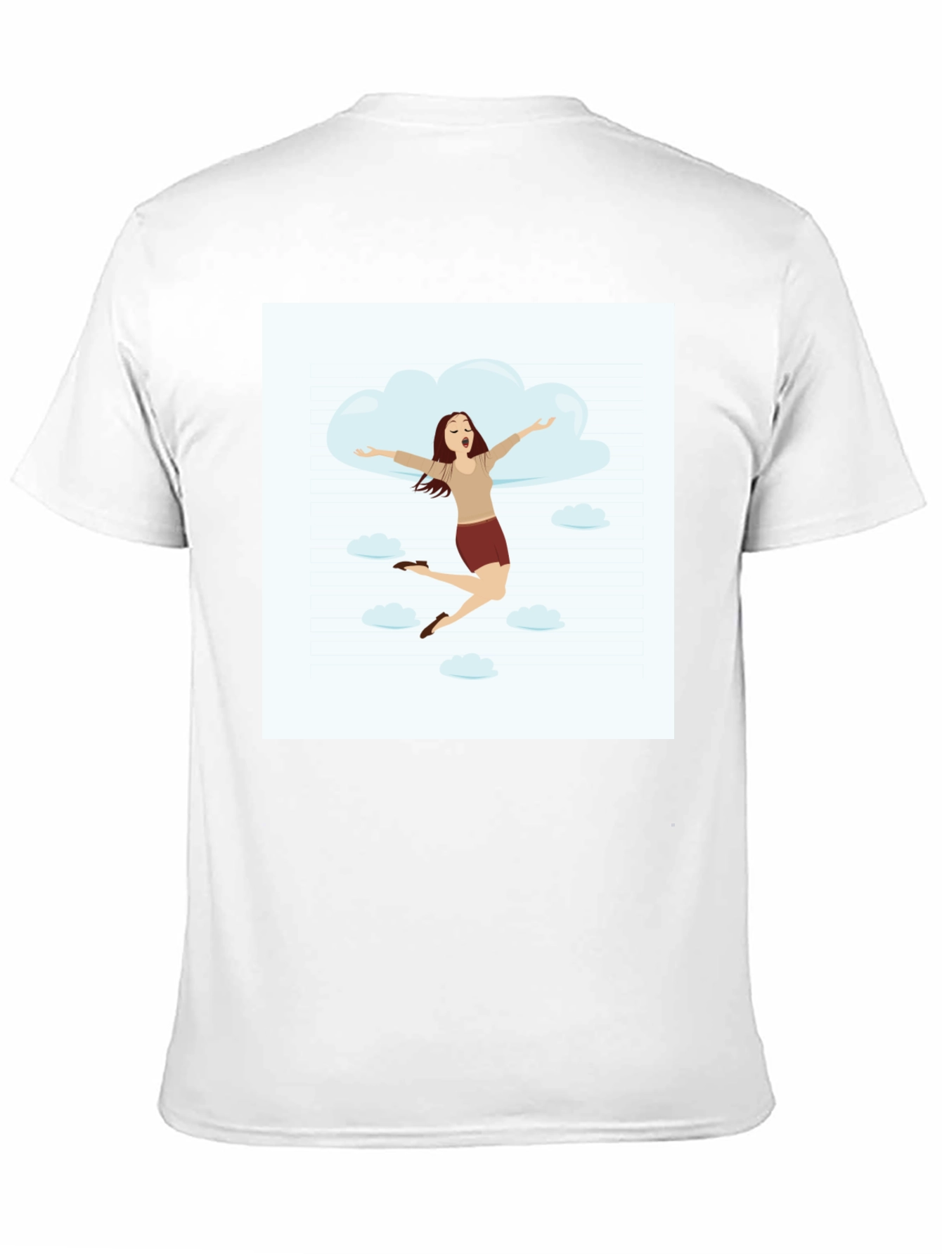 Camiseta Negra con Diseño de Mujer Feliz en las Nubes