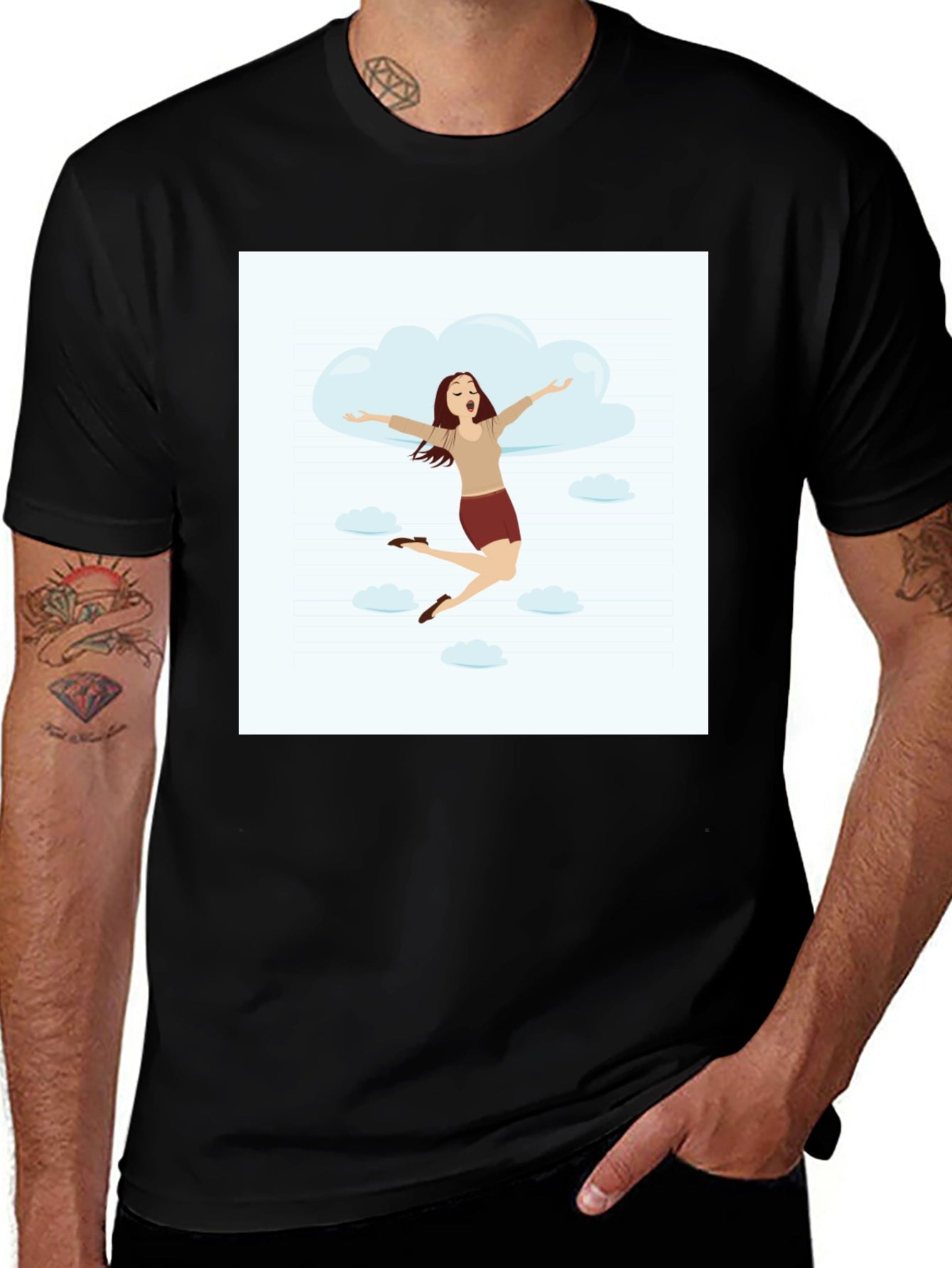 Camiseta Negra con Diseño de Mujer Feliz en las Nubes