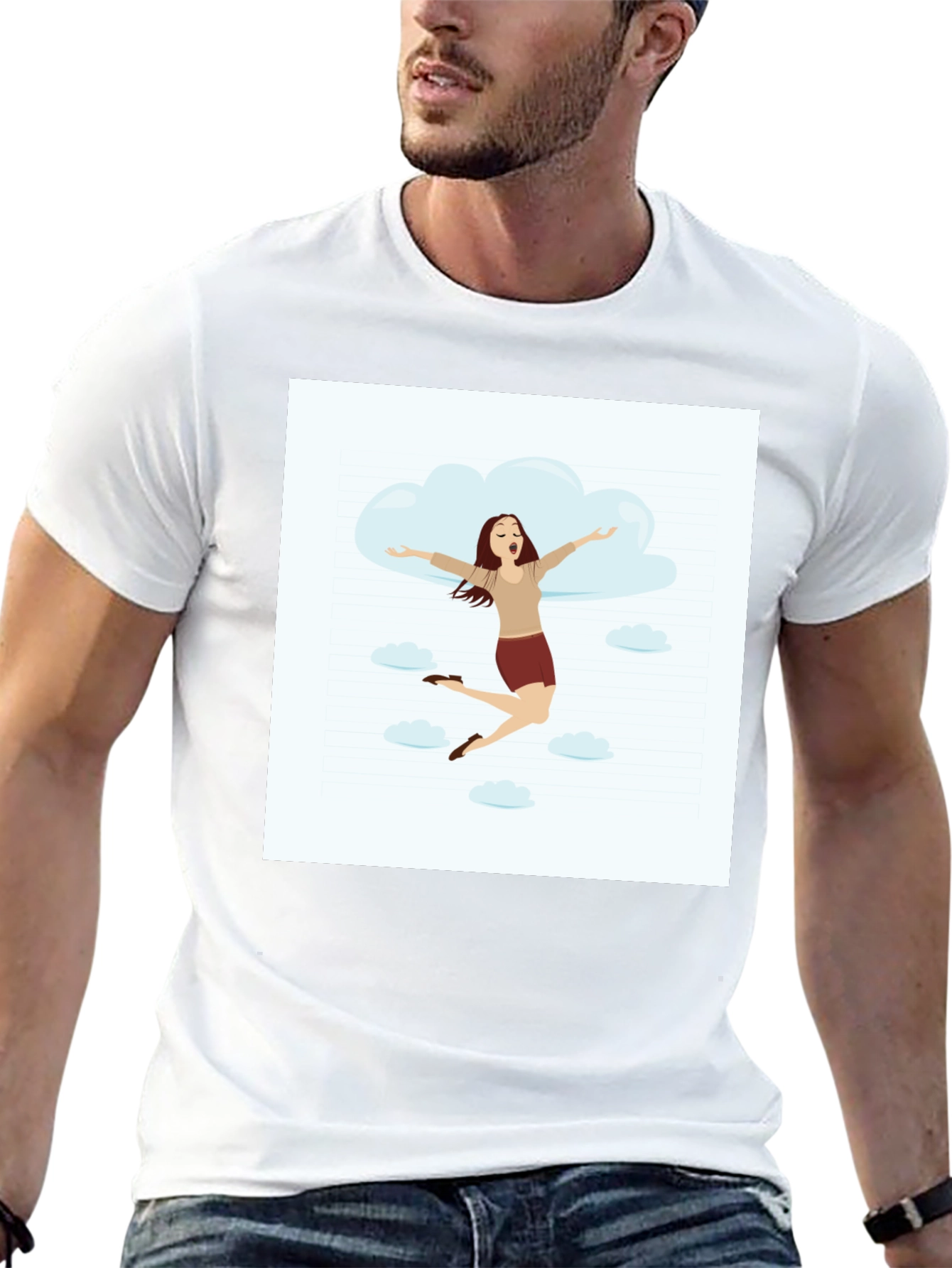 Camiseta Negra con Diseño de Mujer Feliz en las Nubes