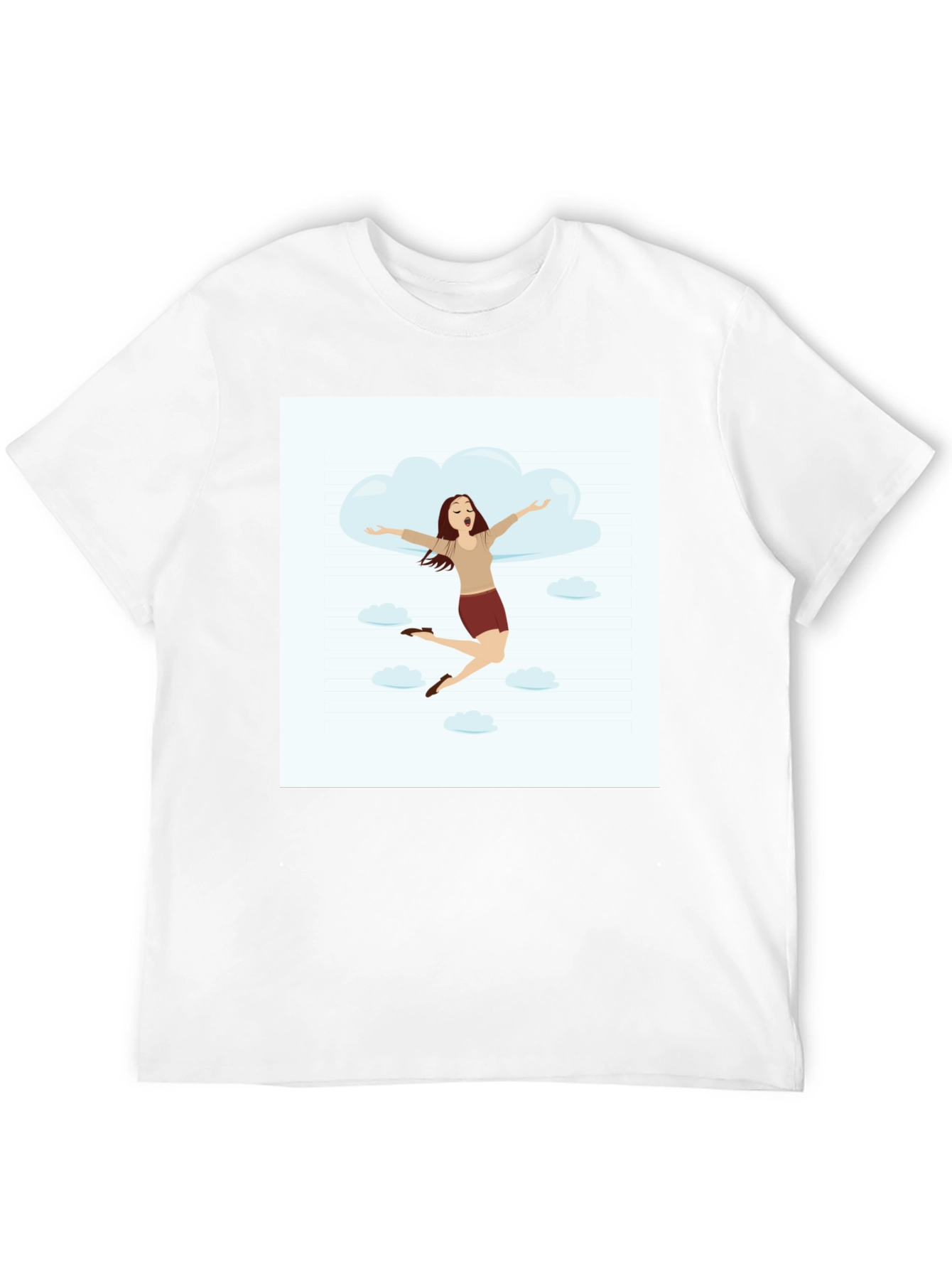 Camiseta Negra con Diseño de Mujer Feliz en las Nubes