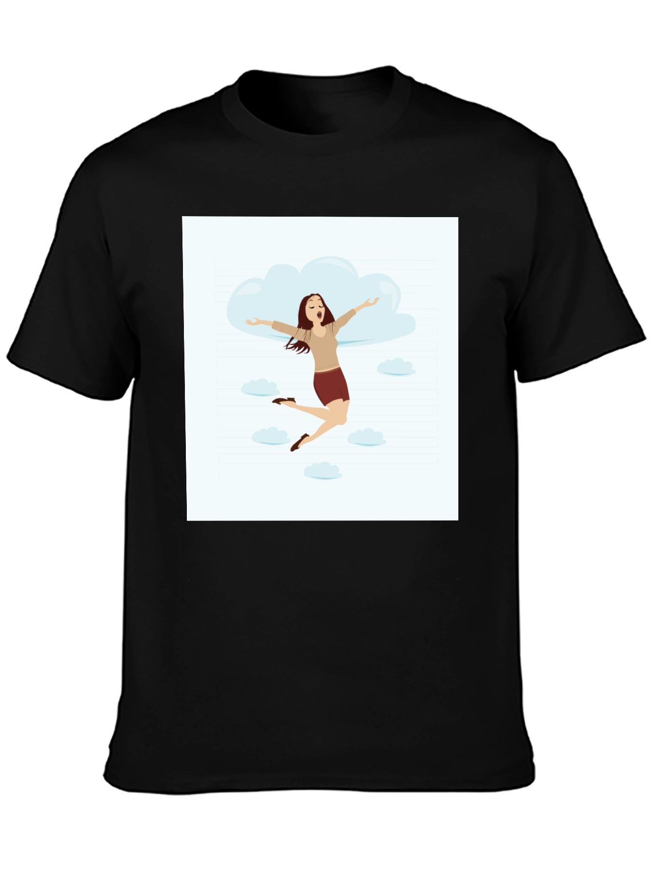 Camiseta Negra con Diseño de Mujer Feliz en las Nubes