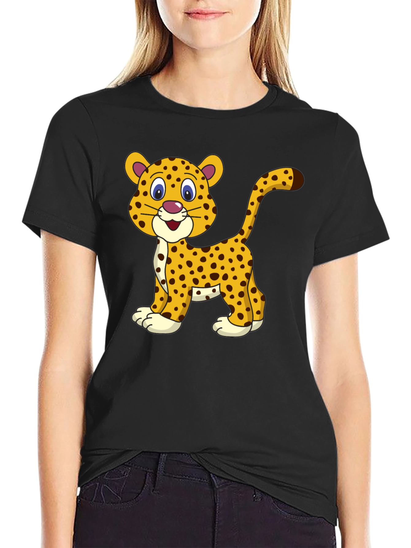 Camiseta Negra con Diseño de Leopardo Animado