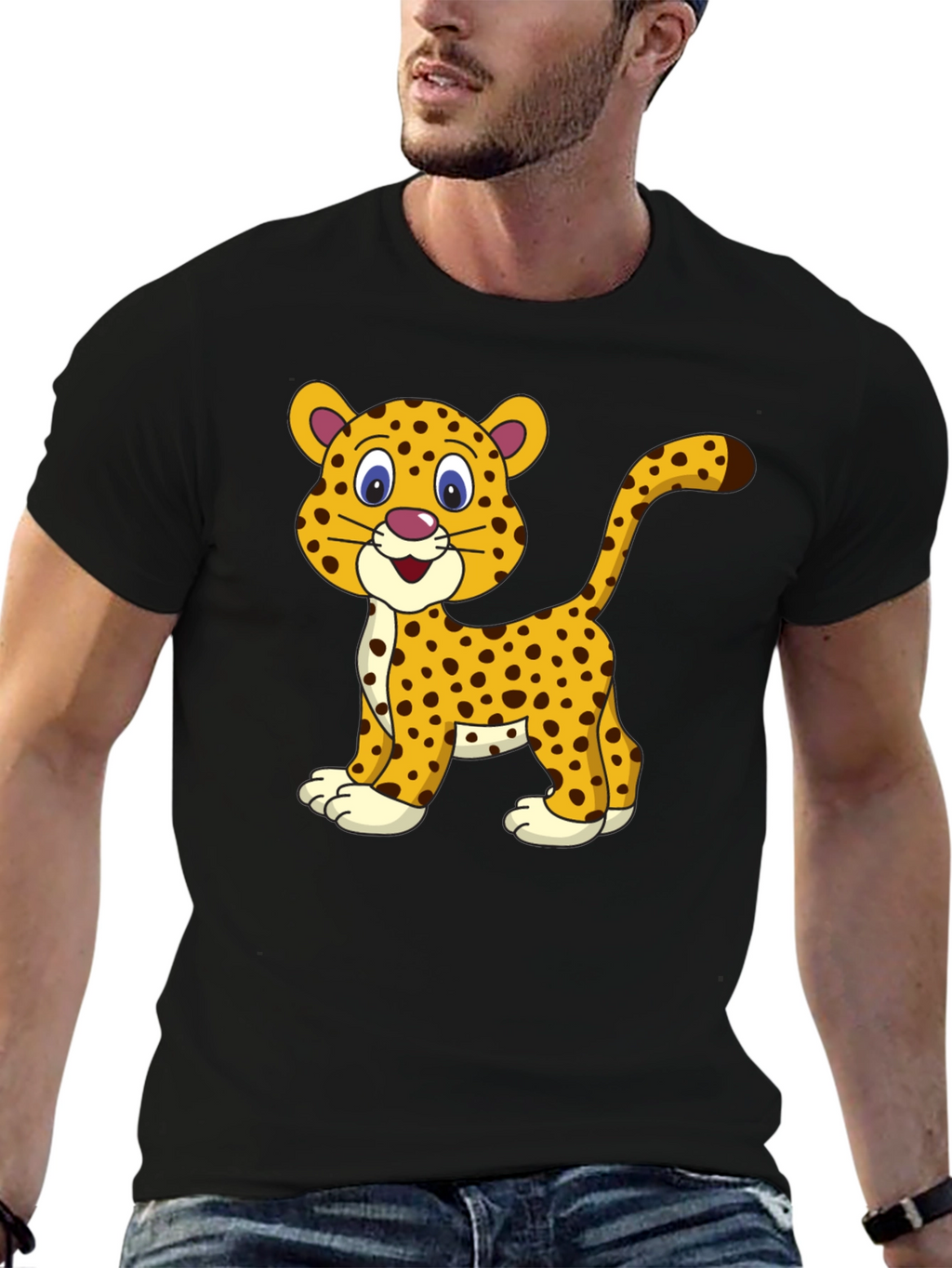 Camiseta Negra con Diseño de Leopardo Animado