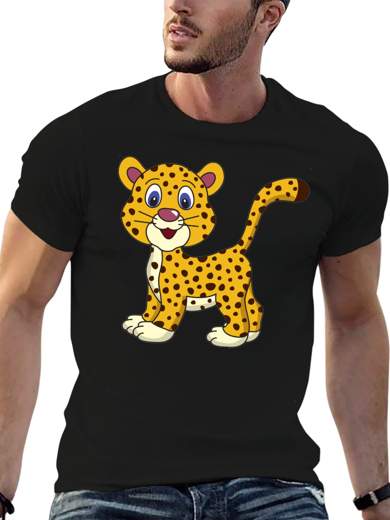 Camiseta Negra con Diseño de Leopardo Animado