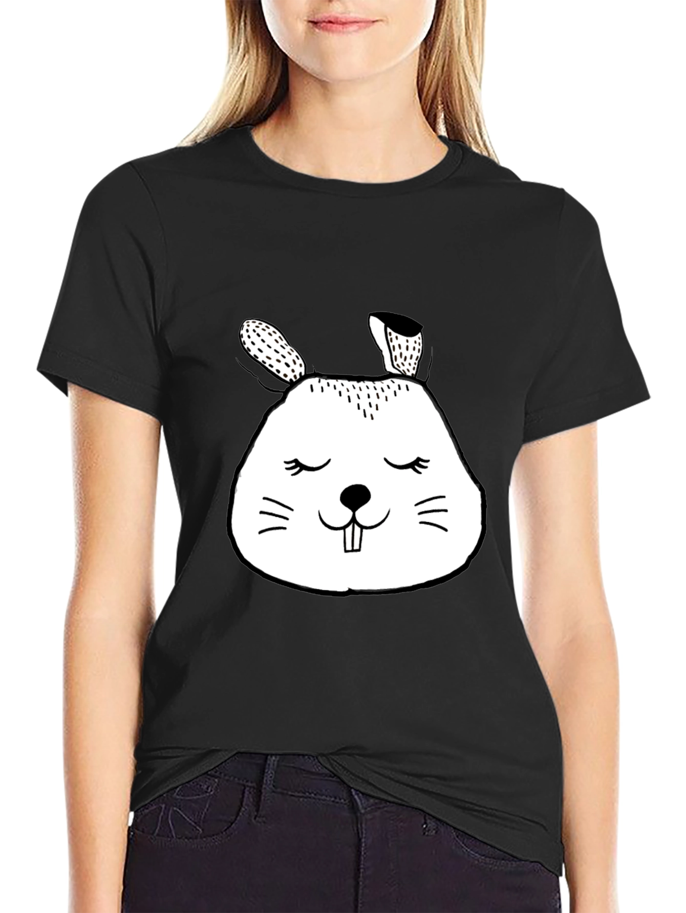 Camiseta Negra con Diseño de Conejito Minimalista