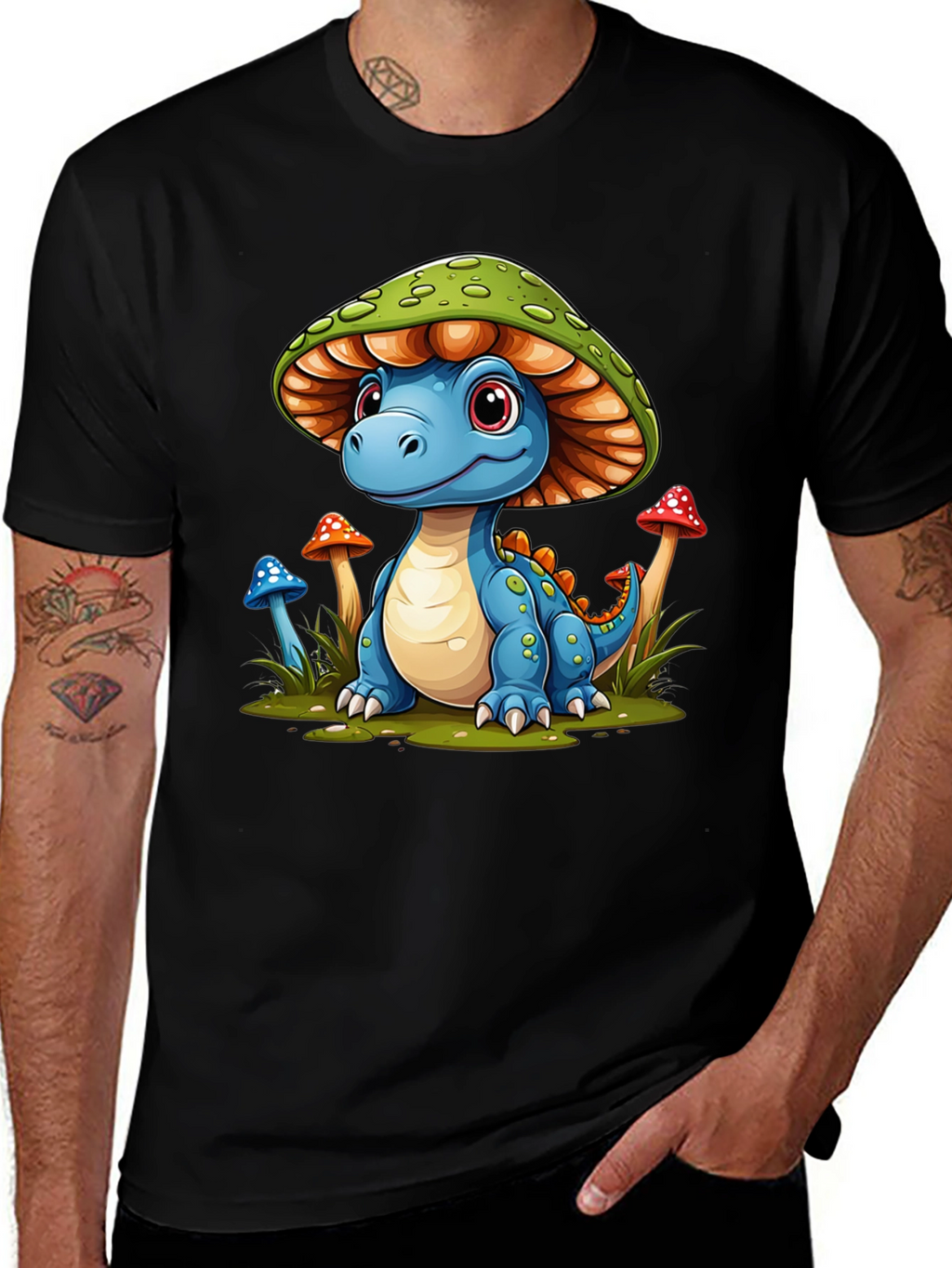 Camiseta Negra con Diseño de Dinosaurio Hongo