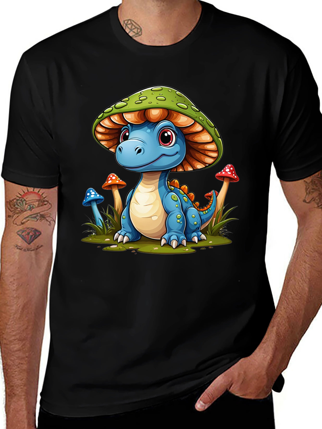 Camiseta Negra con Diseño de Dinosaurio Hongo
