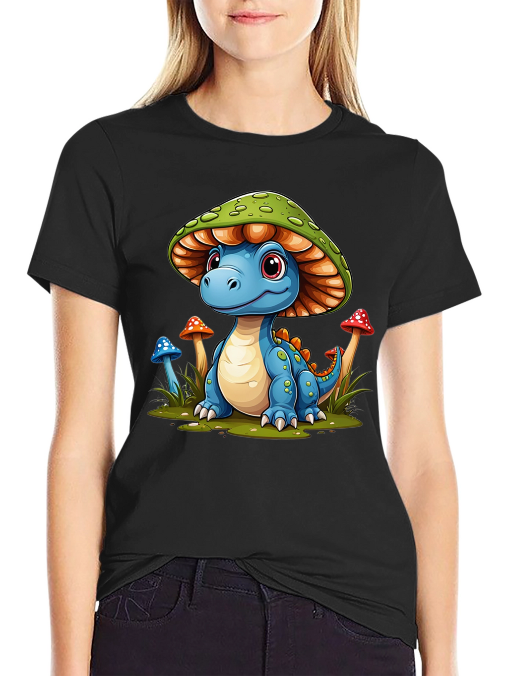 Camiseta Negra con Diseño de Dinosaurio Hongo