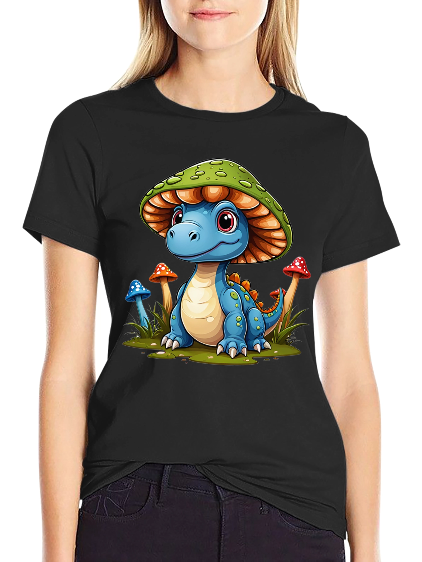 Camiseta Negra con Diseño de Dinosaurio Hongo