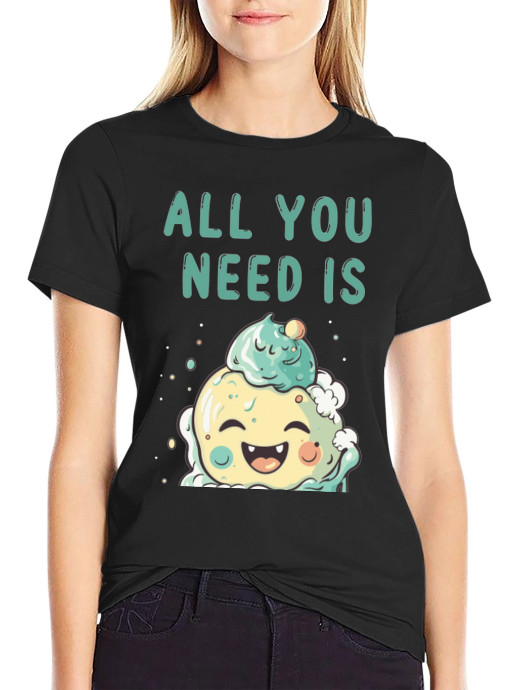 Camiseta Negra con Diseño de Helado Kawaii