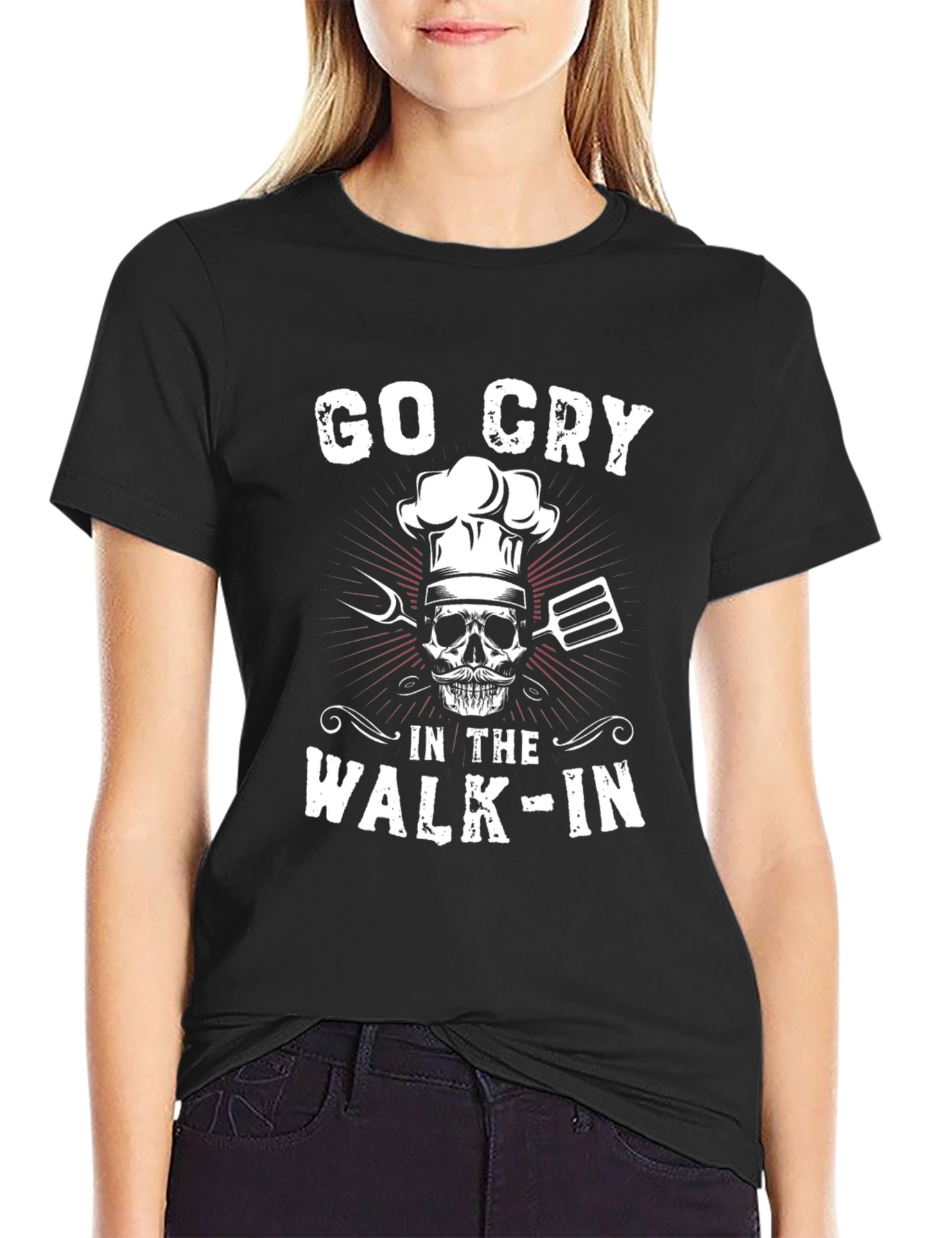 Camiseta Negra Chef Esqueleto - Go Cry In The Walk-In