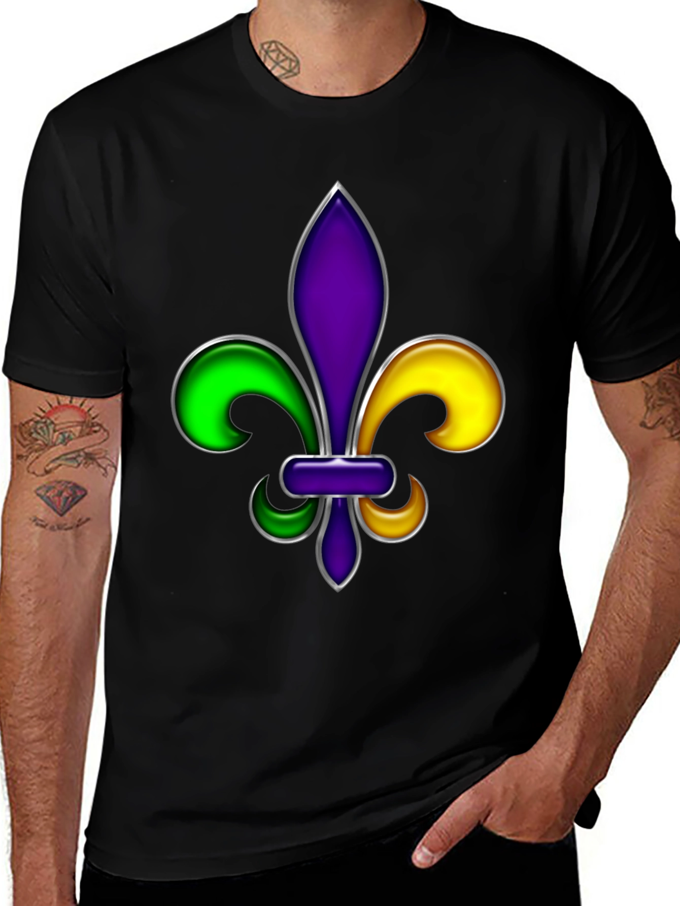 Camiseta Negra con Diseño de Flor de Lis Mardi Gras