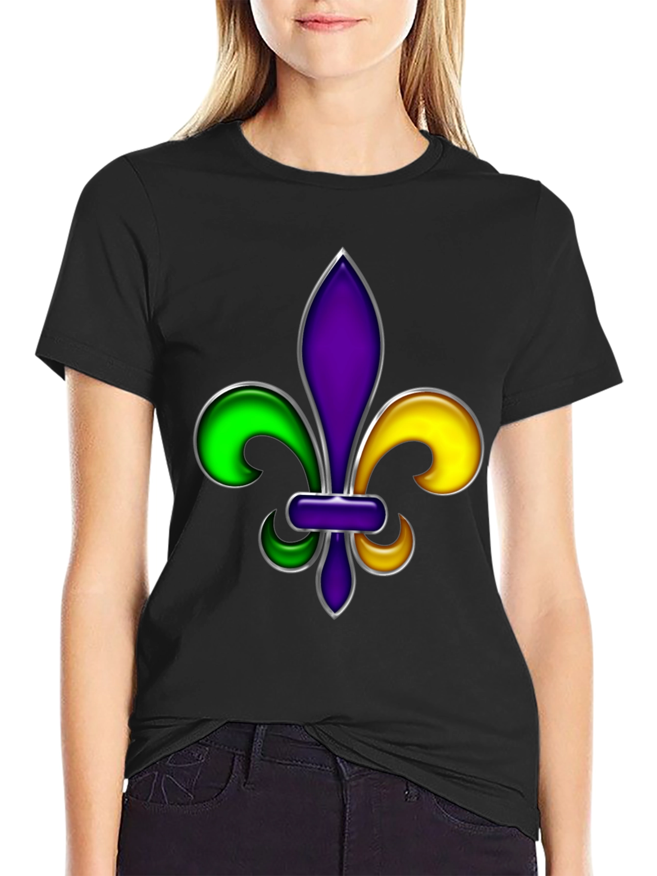 Camiseta Negra con Diseño de Flor de Lis Mardi Gras