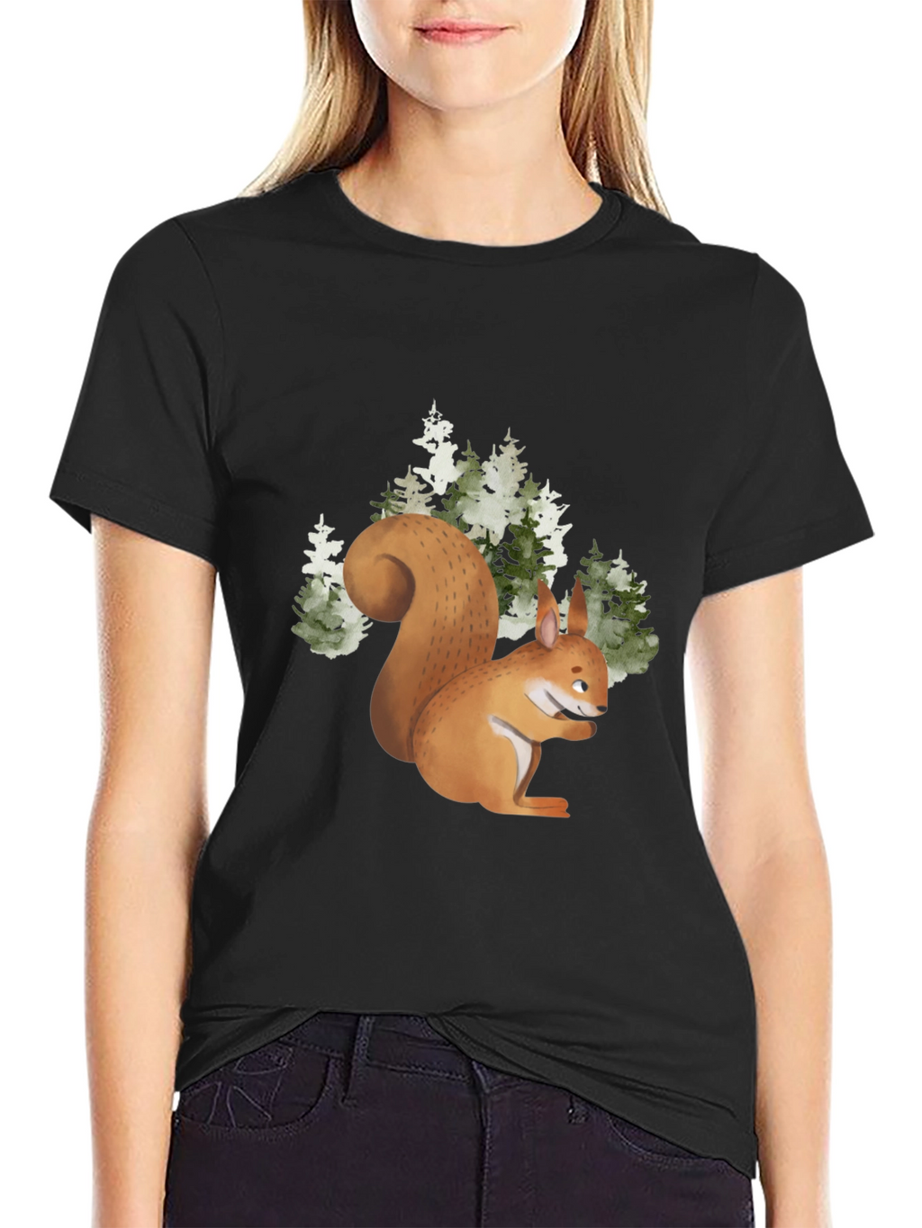Camiseta Negra con Ardilla en el Bosque