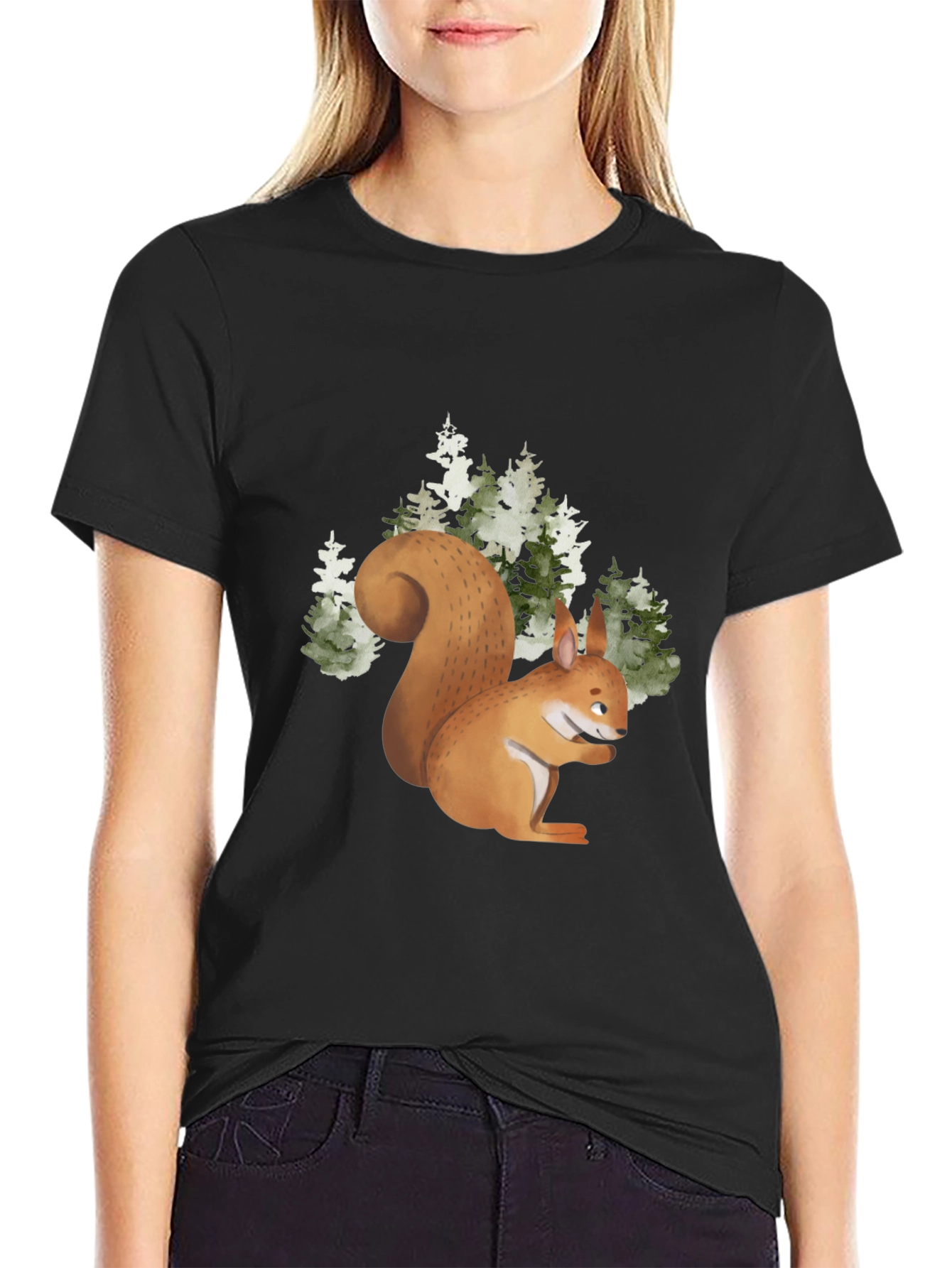 Camiseta Negra con Ardilla en el Bosque