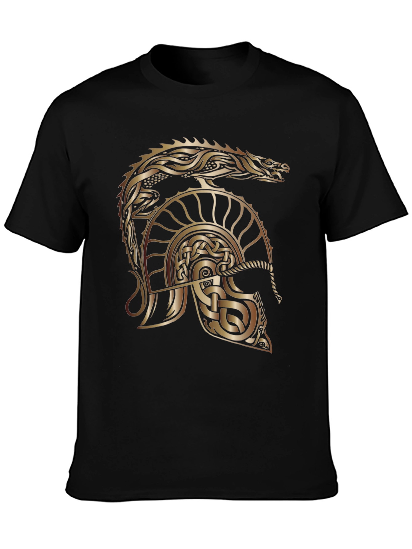 Camiseta Negra con Diseño Celta de Casco y Dragón Dorado
