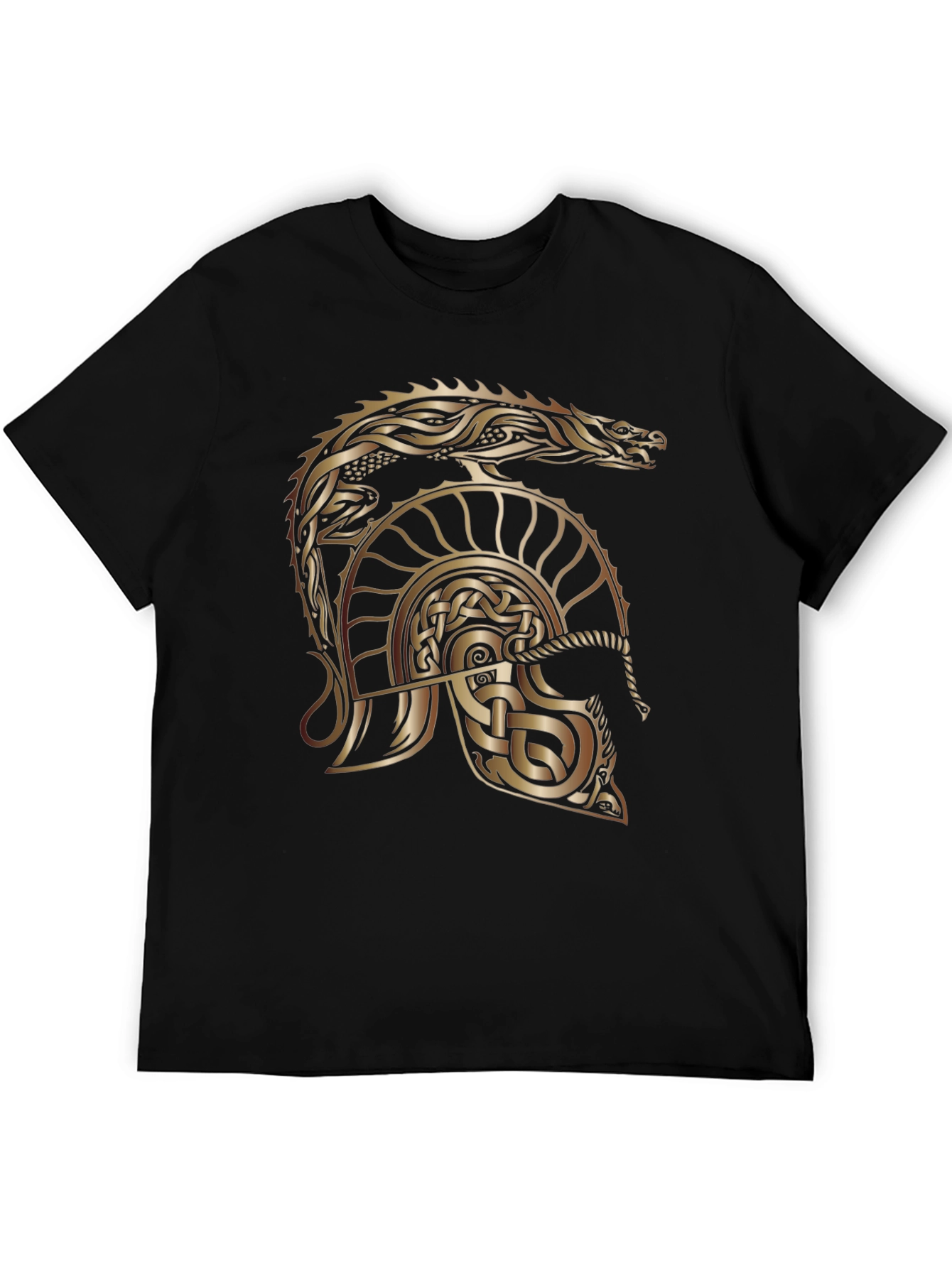 Camiseta Negra con Diseño Celta de Casco y Dragón Dorado