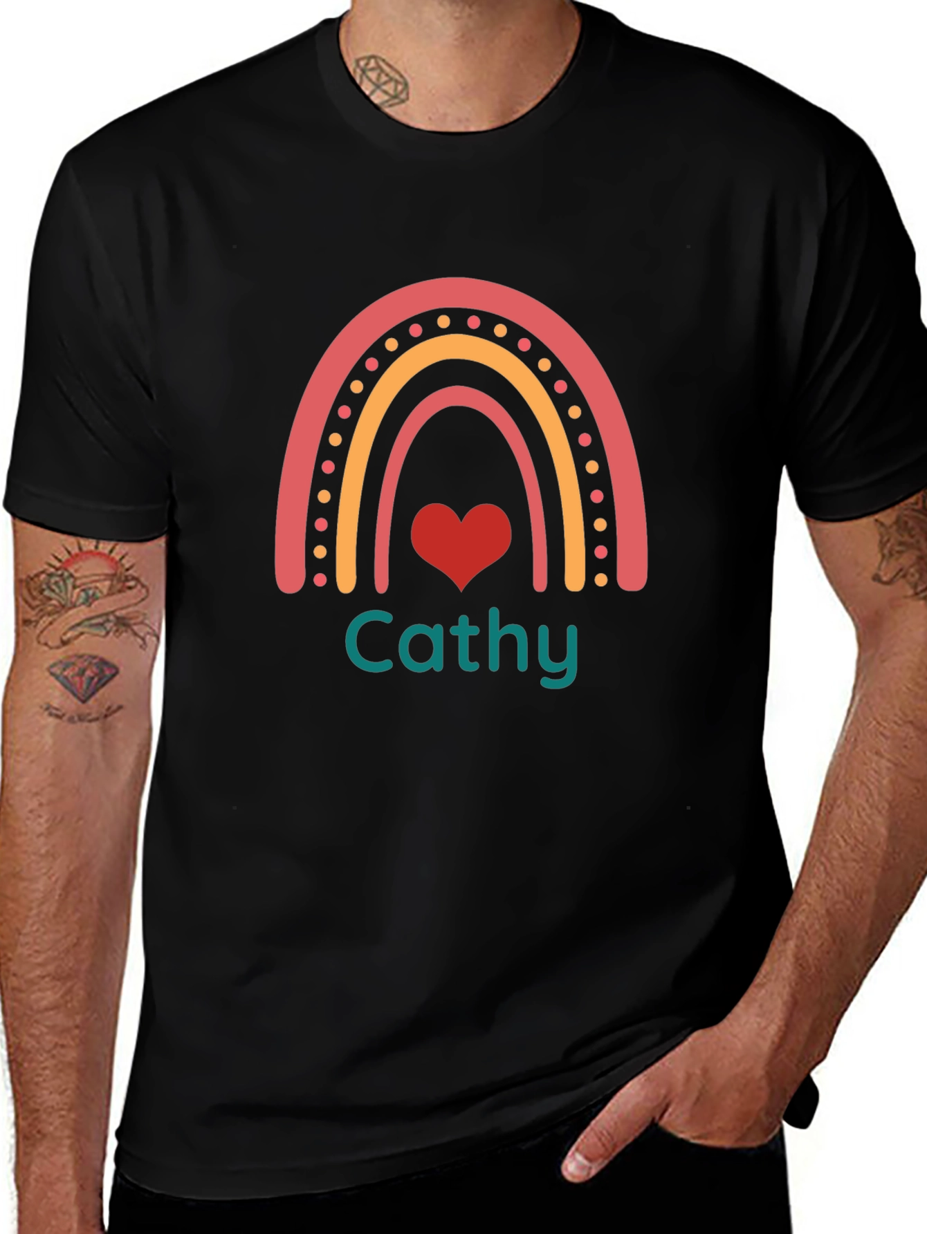 Camiseta Negra con Arco Iris y Corazón Personalizado
