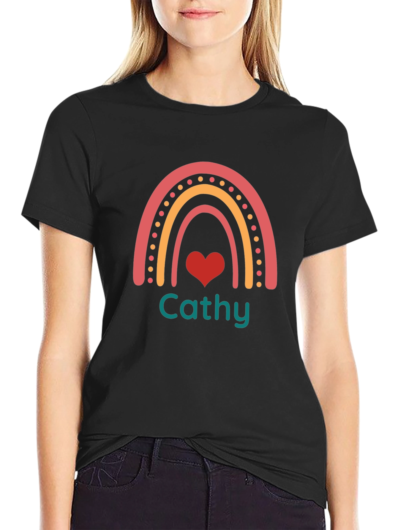 Camiseta Negra con Arco Iris y Corazón Personalizado
