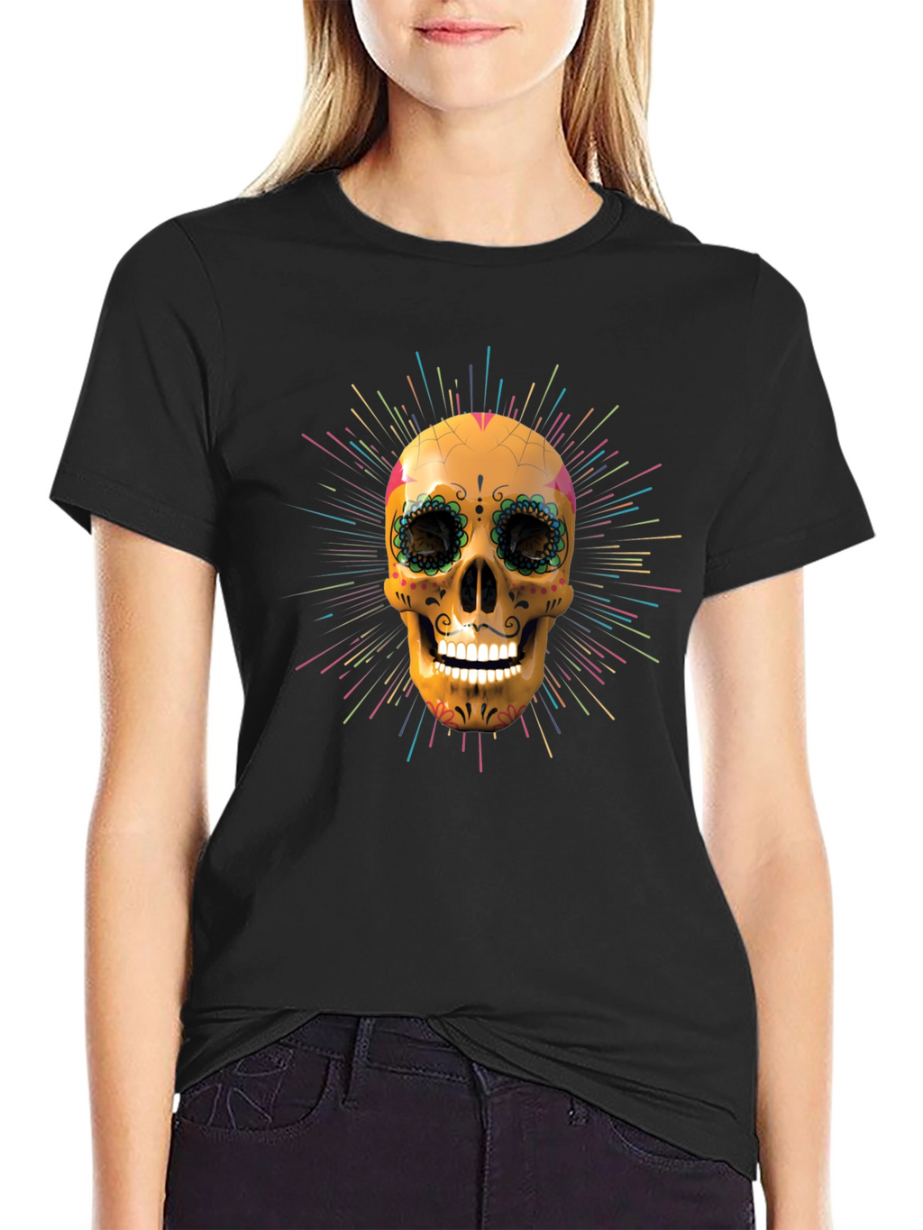 Camiseta Negra con Calavera de Azúcar Vibrante