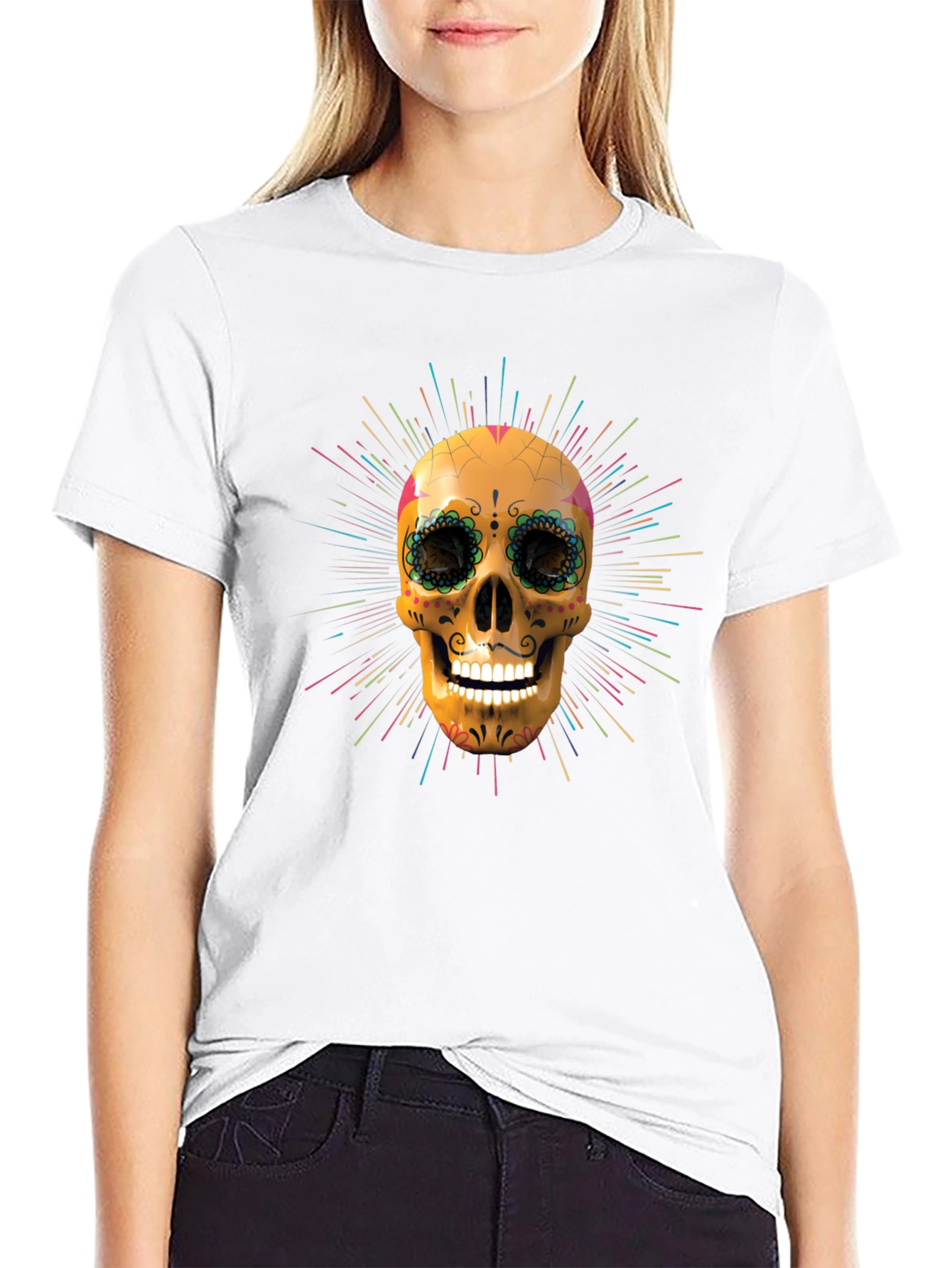 Camiseta Negra con Calavera de Azúcar Vibrante