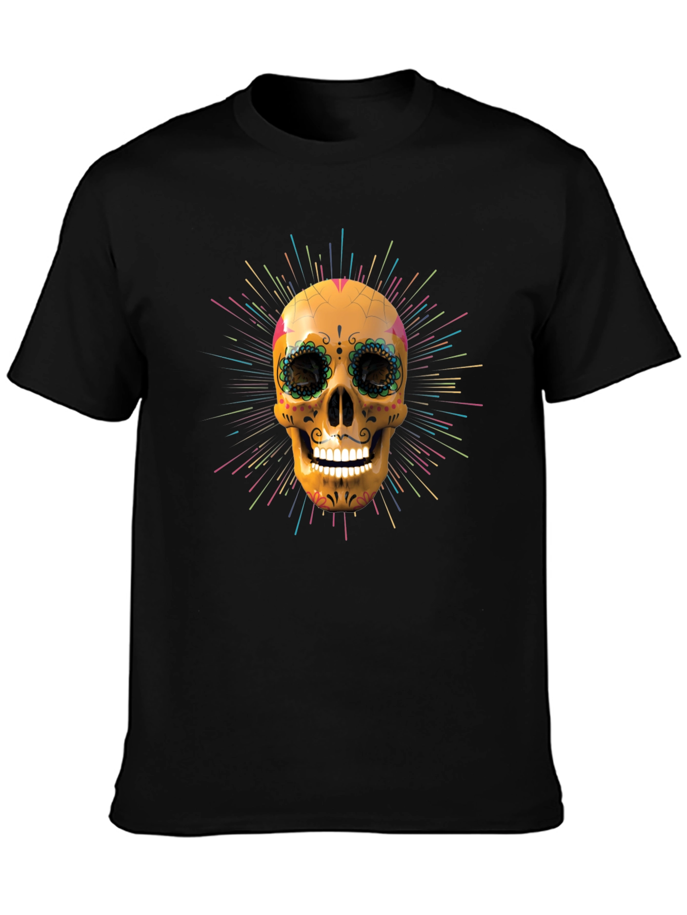 Camiseta Negra con Calavera de Azúcar Vibrante